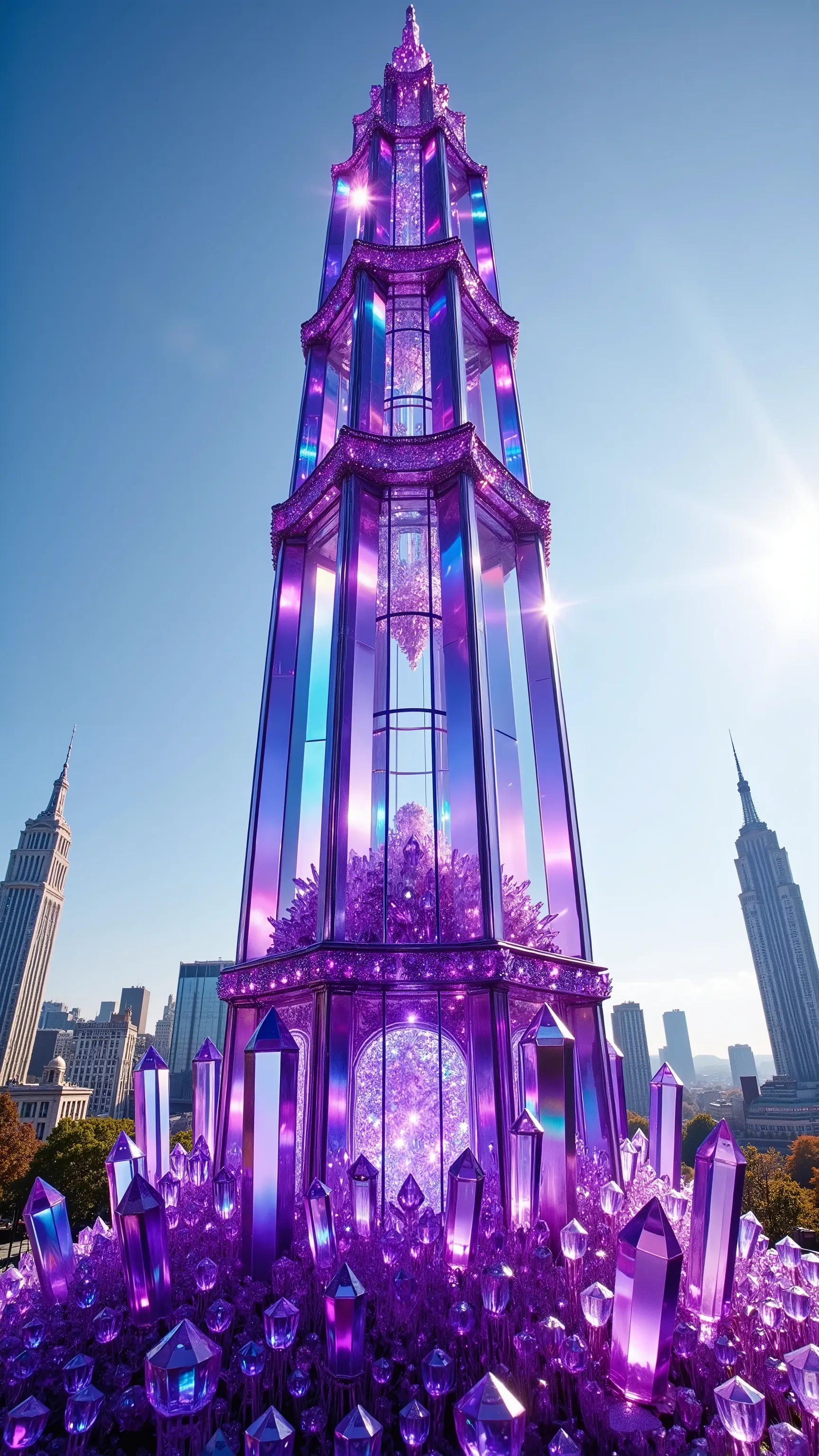 A towering crystal structure glimmers majestically in the foreground, crafted from translucent purple and violet hues that catch the sunlight brilliantly. The design resembles a modern skyscraper, its sharp geometric lines and the extensive glassy surface ...