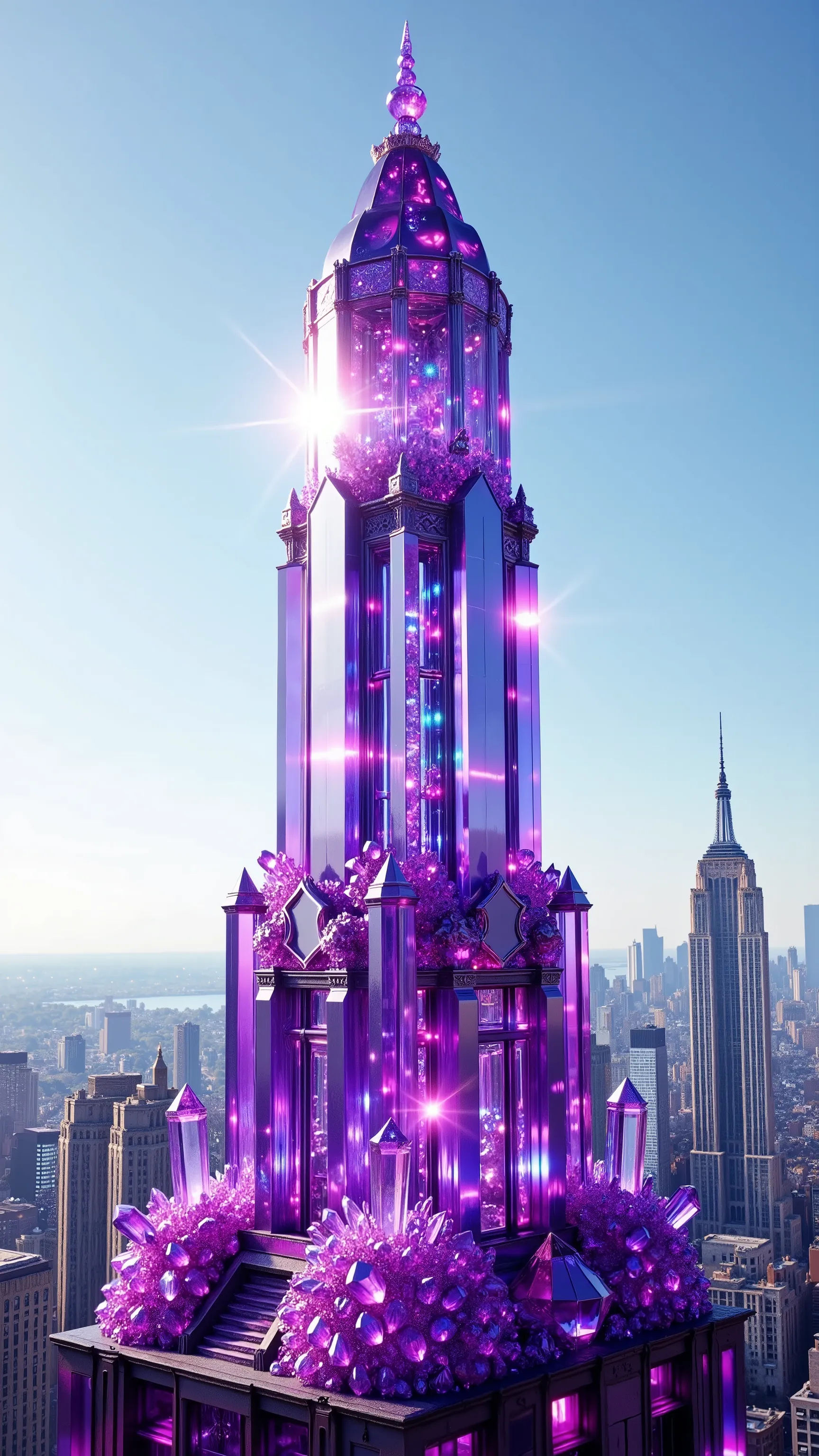 A towering crystal structure glimmers majestically in the foreground, crafted from translucent purple and violet hues that catch the sunlight brilliantly. The design resembles a modern skyscraper, its sharp geometric lines and the extensive glassy surface ...