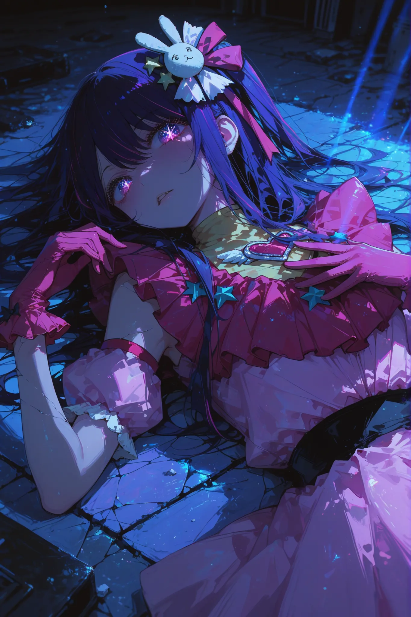 masterpiece, best quality, amazing quality, best quality, Anime screencap, 1girl,solo,hoshino ai,oshi no ko,hair ornament, rabbit hair ornament,long hair,purple hair,purple eyes, star-shaped pupils,pink dress,pink gloves,frilled gloves ,from above,looking ...