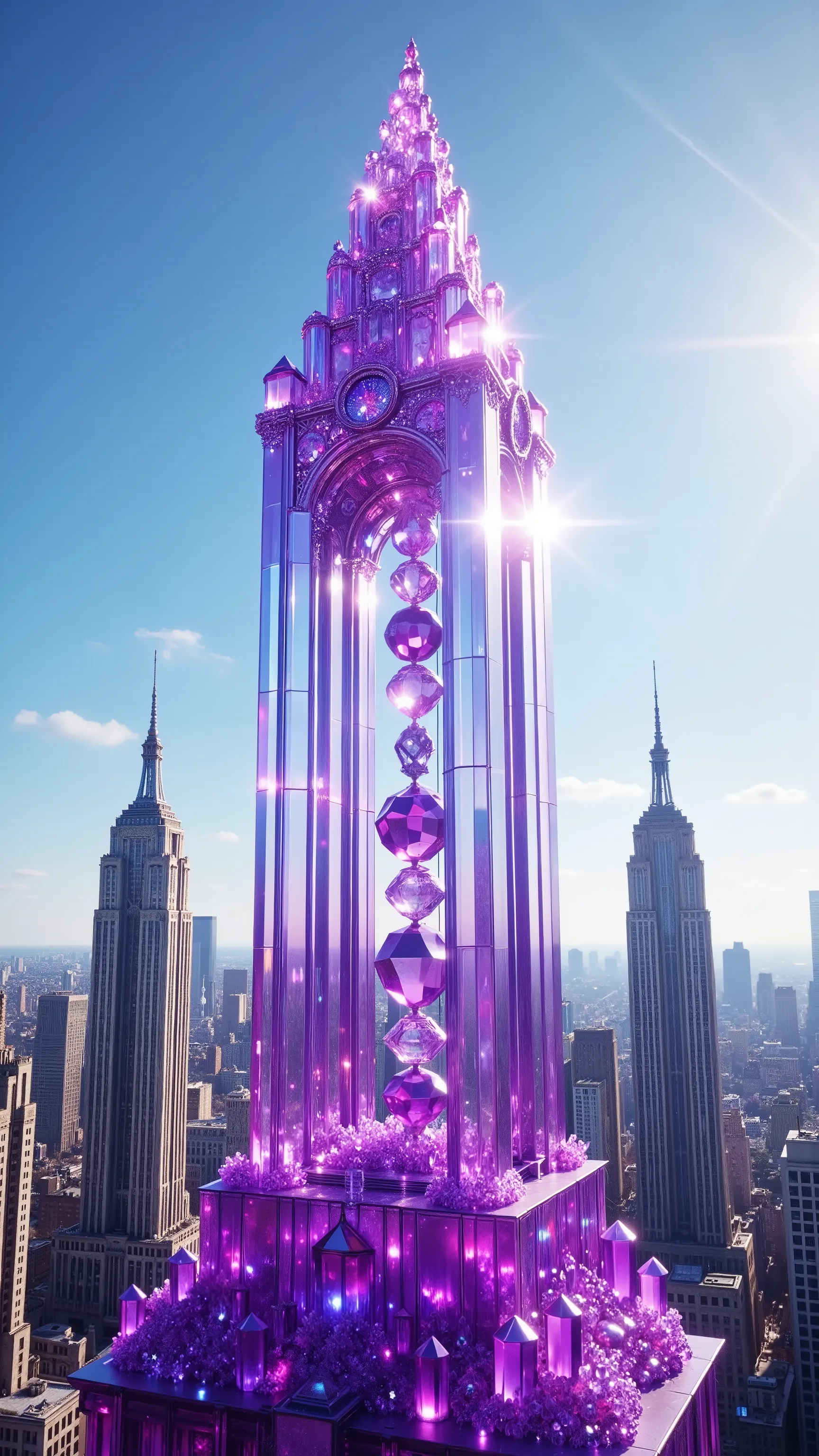 A towering crystal structure glimmers majestically in the foreground, crafted from translucent purple and violet hues that catch the sunlight brilliantly. The design resembles a modern skyscraper, its sharp geometric lines and the extensive glassy surface ...