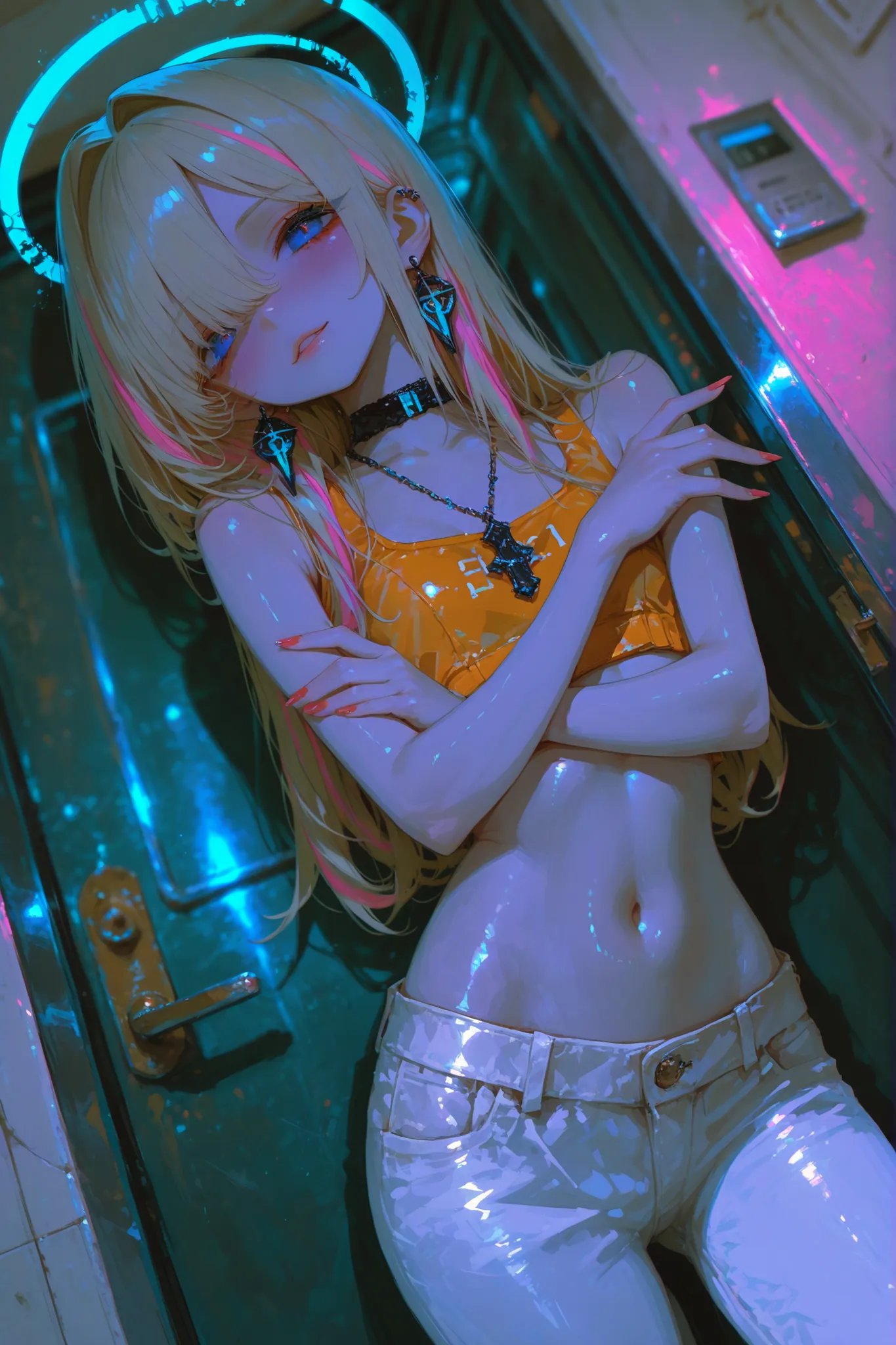 ultra realistic, masterpiece, high detailed skin, best quality, high res, very aesthetic, anime style, studio anime, source_ecchi, anime, (finely detailed face), ((petite body:1.6)),  BAAsumaToki, blue eyes, blonde hair, medium bust, halo, hair intakes, bl...
