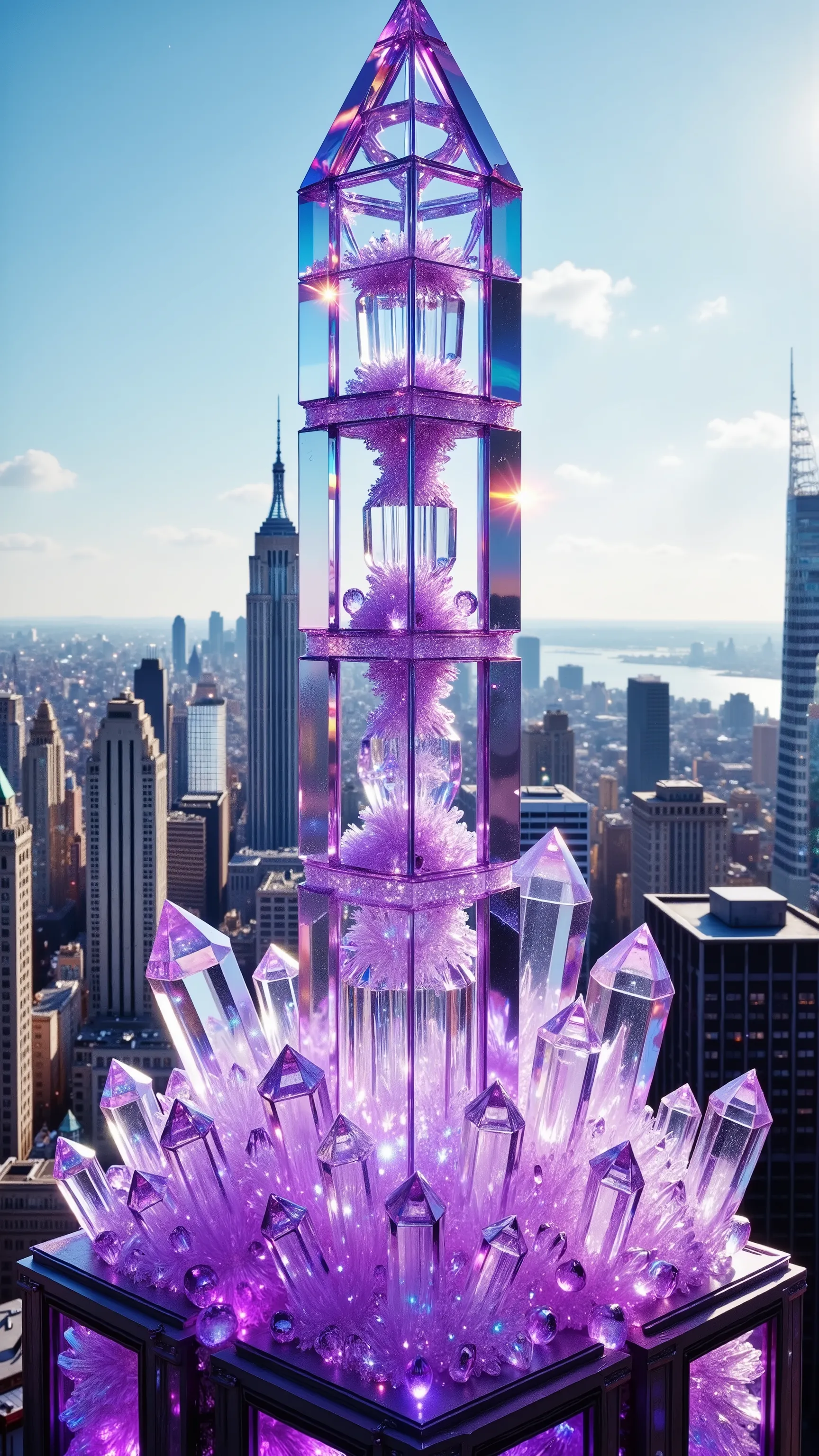 An incredibly high clear quartz crystal structure glimmers majestically in the foreground, crafted from translucent generic crystals that catch the sunlight brilliantly. The design resembles a modern skyscraper, its sharp geometric lines and the extensive ...