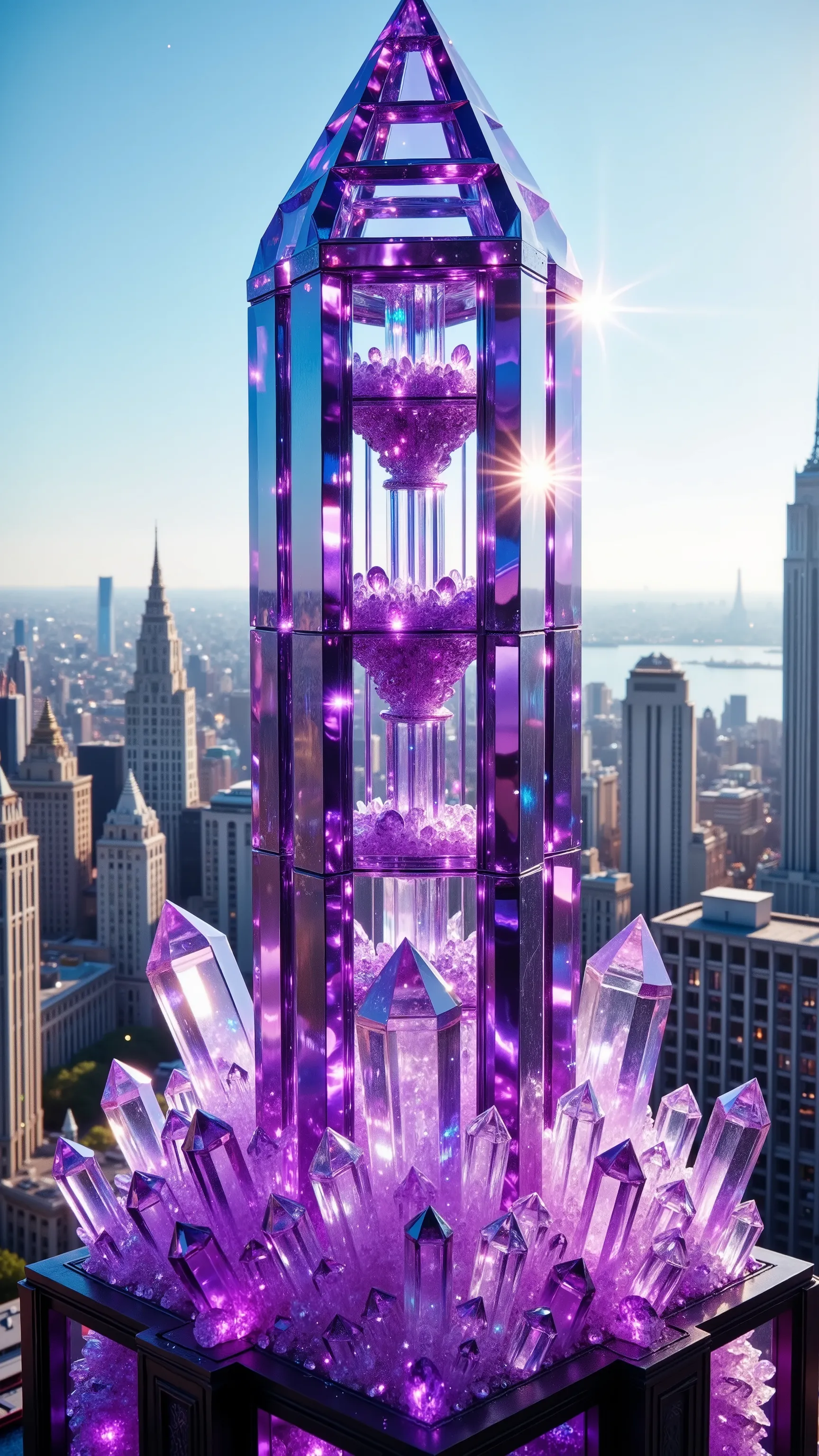 An incredibly high amethyst quartz crystal structure glimmers majestically in the foreground, crafted from translucent purple and violet amethyst that catch the sunlight brilliantly. The design resembles a modern skyscraper, its sharp geometric lines and ...
