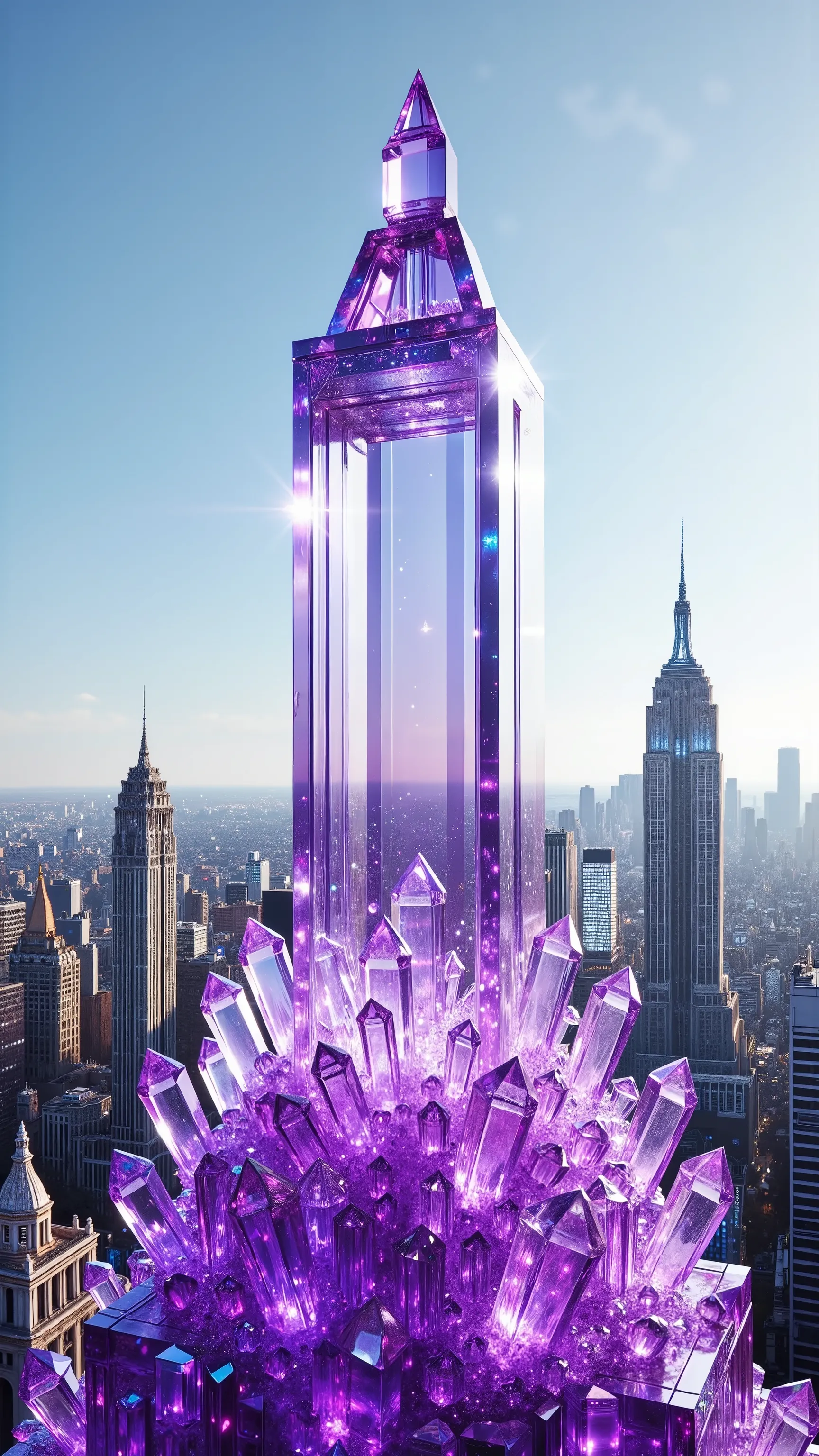 An incredibly high clear quartz crystal structure glimmers majestically in the foreground, crafted from translucent generic crystals that catch the sunlight brilliantly. The design resembles a modern skyscraper, its sharp geometric lines and the extensive ...