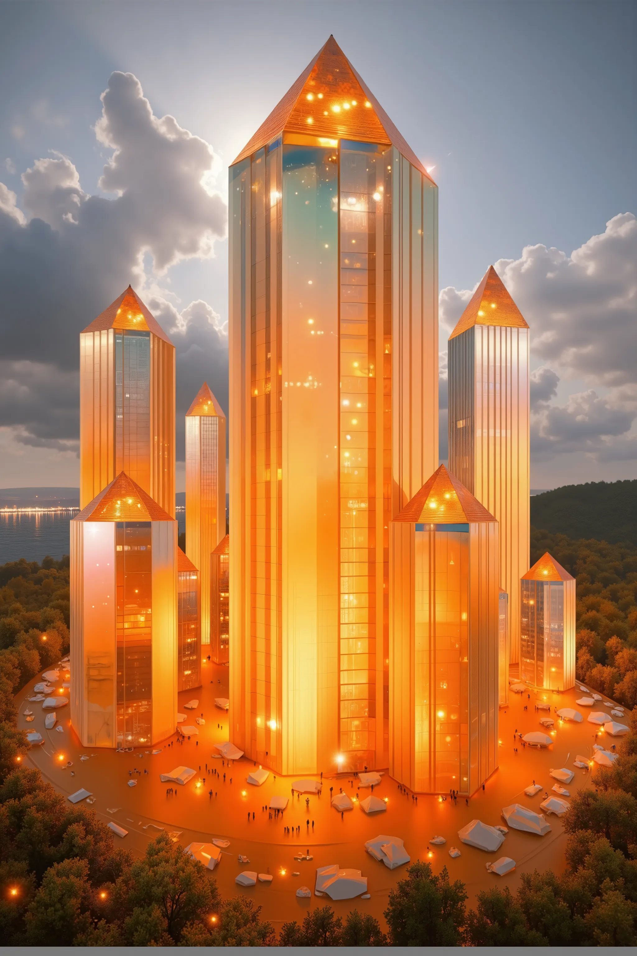 An ethereal scene unfolds in this image, featuring a stunning crystal city rising high up into the skyThe towers, shaped like prisms and spears, boast vibrant colors including hues of yellow and orange, casting a rainbow glow across the landscape. Sunlight...