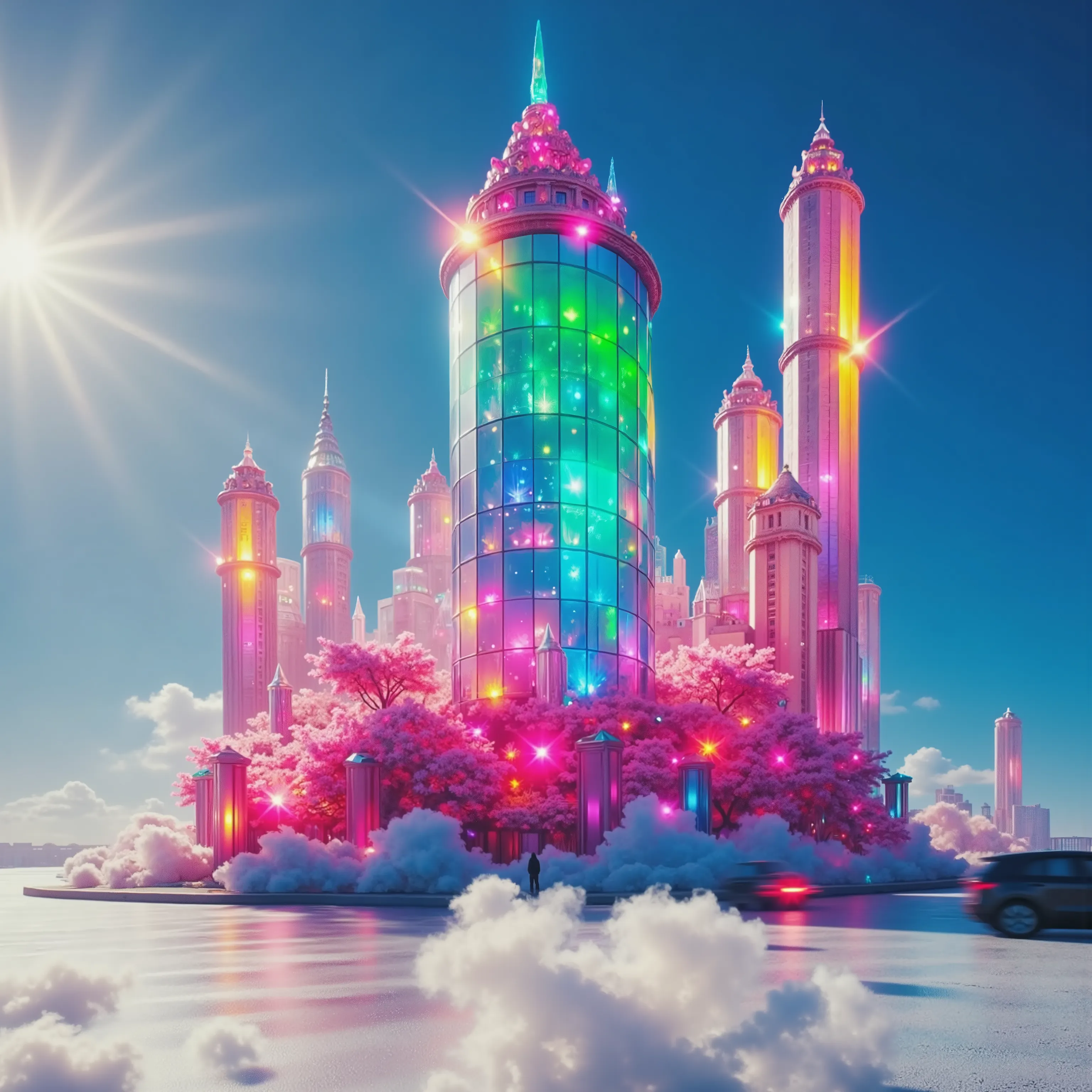 A towering crystal structure glimmers majestically in the foreground, crafted from translucent purple and pink hues that catch the sunlight brilliantly. The design resembles a futuristic skyscraper. It's pure quartz crystal and it has rounded shapes that c...