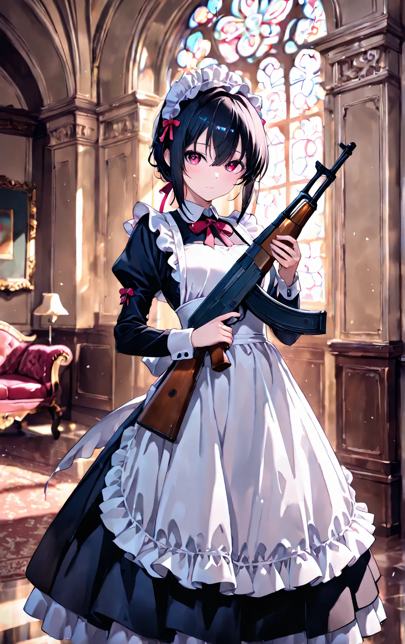 score_9, score_8_up, score_7_up, score_6_up, masterpiece, highest resolution, absurdres, extremely detailed, best composition, 1girl, teen girl, maid, in a mansion, cinematic lighting, dusting the living room, wielding an AK-47, ak-47, 