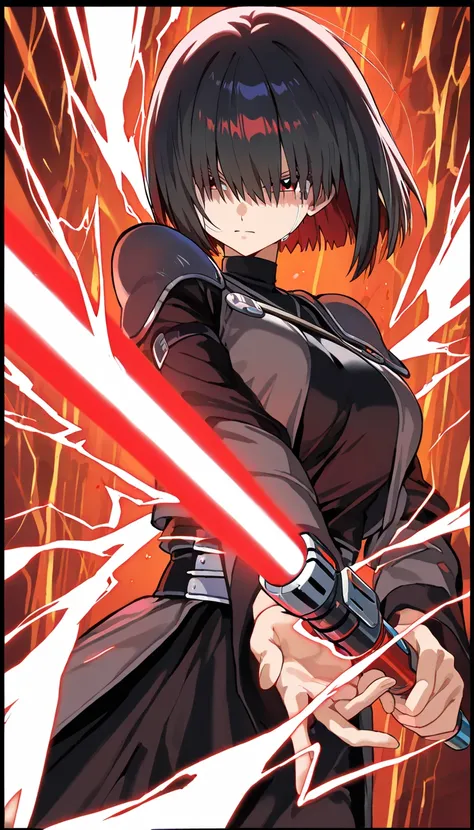 (beautiful girl : 1.3),1 girl,(Black Jedi Knight,long sleeve,red lightsaber),dark haired,bob cut,hair over eyes,tears,serious expression,Society of Machines,Generate electricity from your hands,dynamic angle,( anime style 4k,beautiful animated portrait,Anime Art),masterpiece,top quality,Rich Contrasts,High Definition,8k,High Definition CG Unit Wallpaper,Textures,unbelievably absurd,RAW pictures,Deep Border 1 .2,very detailed