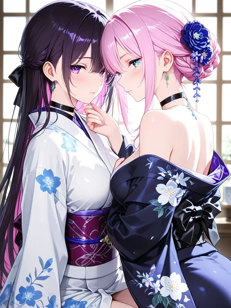 2 girls, Evelina wearing white, with EVELINE wearing kimono,