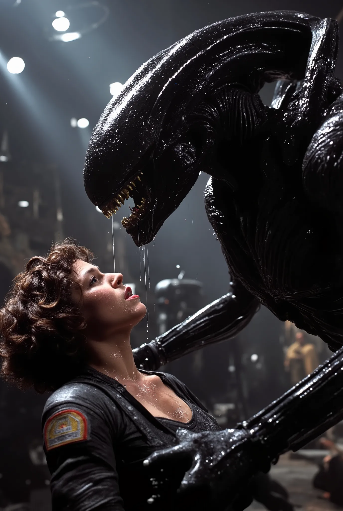 a massive xenomorph dick fuck unconscious Ellen Ripley pussy hard, Ellen Ripley is gunge all over her body and cum on her face
