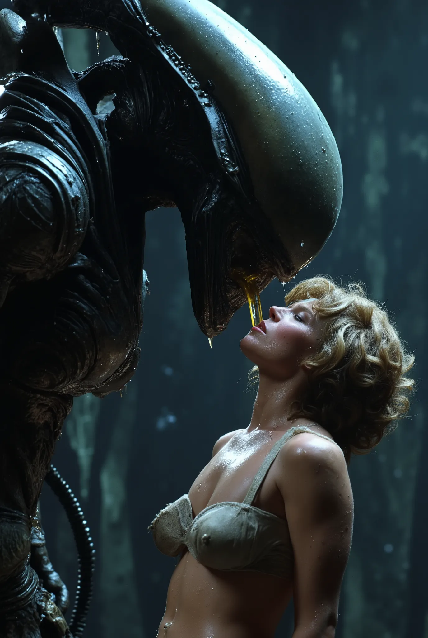 a massive xenomorph dick fuck unconscious Ellen Ripley pussy hard, Ellen Ripley is gunge all over her body and cum on her face