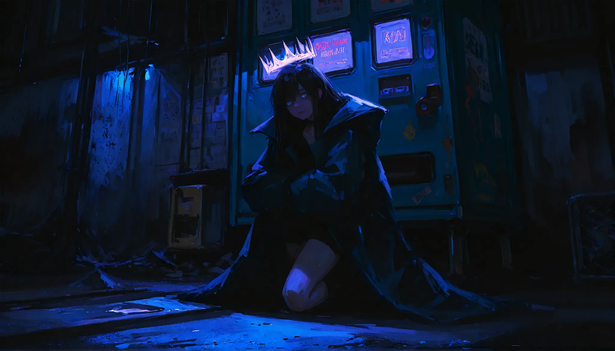 (1girl:1.3), no cat features, human, normal ears, realistic physique, black hair, long hair soaked by rain, red glowing spiral pupils, pale skin, glowing detailed eyes, intense facial expression — firm, furious, tired of it all. She wears a dark oversized ...