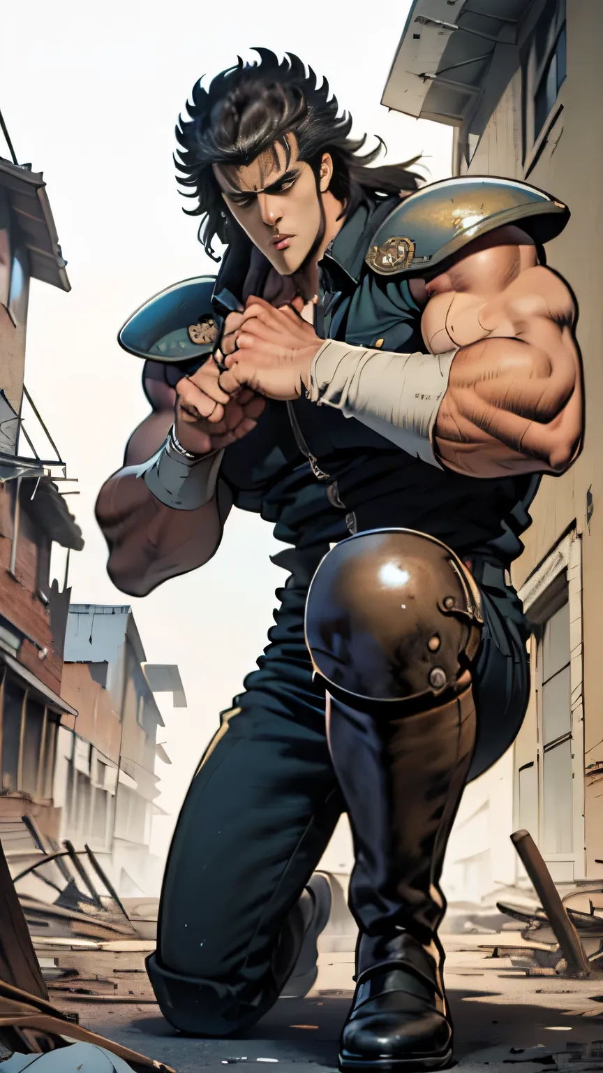 Best Quality, Detailed skin depiction, Detailed facial expression, Realistic skin texture, Beautiful photos, Rei from Fist of the North Star, Are male, Long back hair, Open your eyes and stare at me, Slit eyes, Looking with firm black eyes, Do not clasp yo...