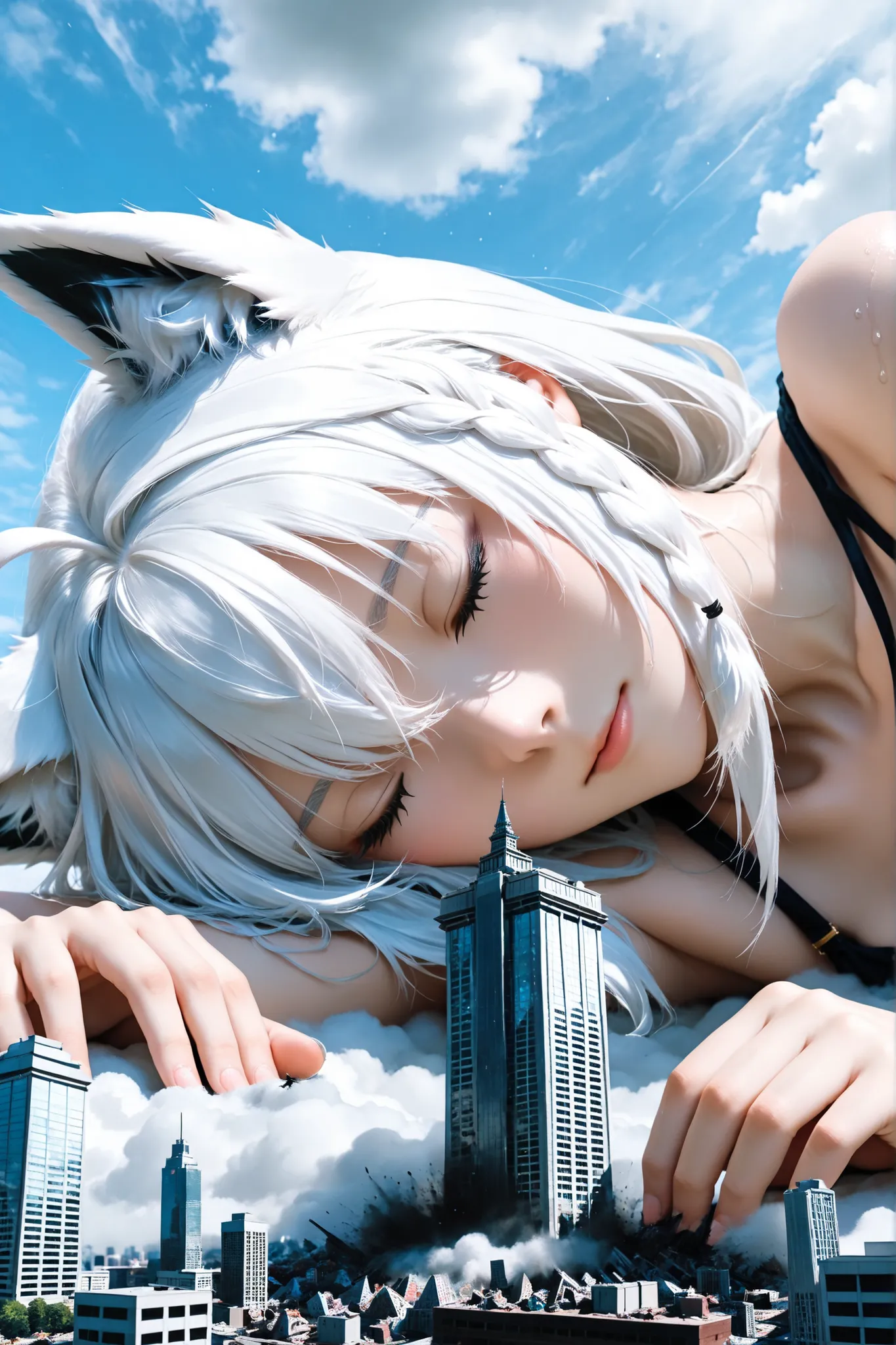 masterpiece, best quality, great quality, very detailed,solo, "Shirakami Fubuki" are sleeping in each other's arms, The gigantic "Shirakami Fubuki" towering higher than any building, Miniature cities, ruined miniature cities,Densely packed buildings, Dest...