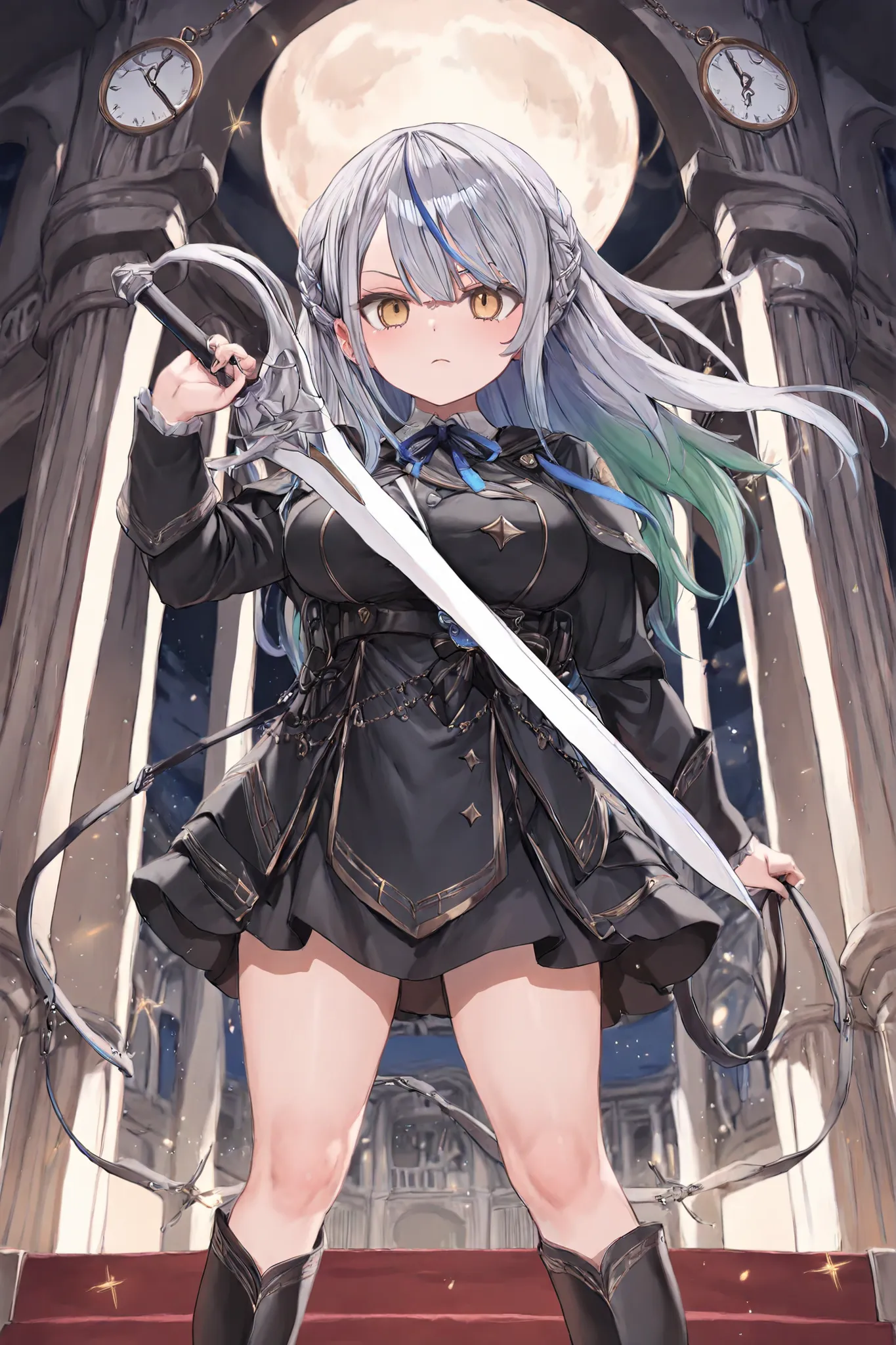 ( top quality , 8k , masterpiece, ),   younger , (1 Girl) ,  Extremely Elaborate Eyes and Faces   , silver hair、lime green inner color  、Golden Eyes、(serious expression：2)   (Black gothic dress style combat suit、body harness to hold the reins、Pocket watch ...