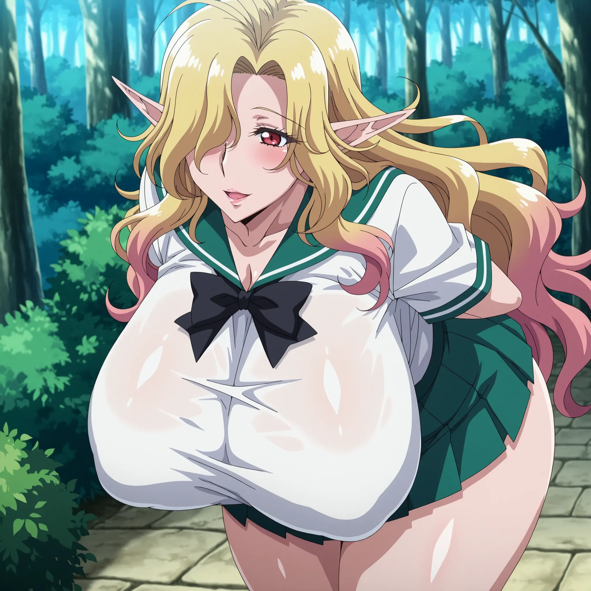 finetuneanime, anime screencap, , 1girl , solo , huge breasts , MiseryDG , long very wavy hair , blonde hair , red eyes , elf , pointy ears , multicolored blonde and pink hair ,  mature body, mature woman, erotic facial expression, hyper hips, thick thighs...