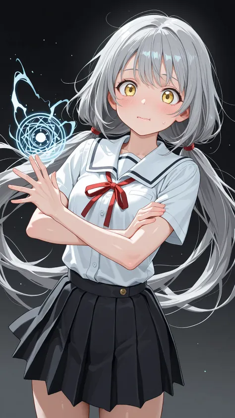 8K (high resolution) (Super Detailed)　(masterpiece)　(top quality)　anime illustration taste　detailed eyes　detailed face　Feminine Detailed Hands　Delicate hair　 detailed wrinkles on clothes　fine skin　solo　early 10s　yellow eyes　 girl's appearance 　(Grey Hair)　...