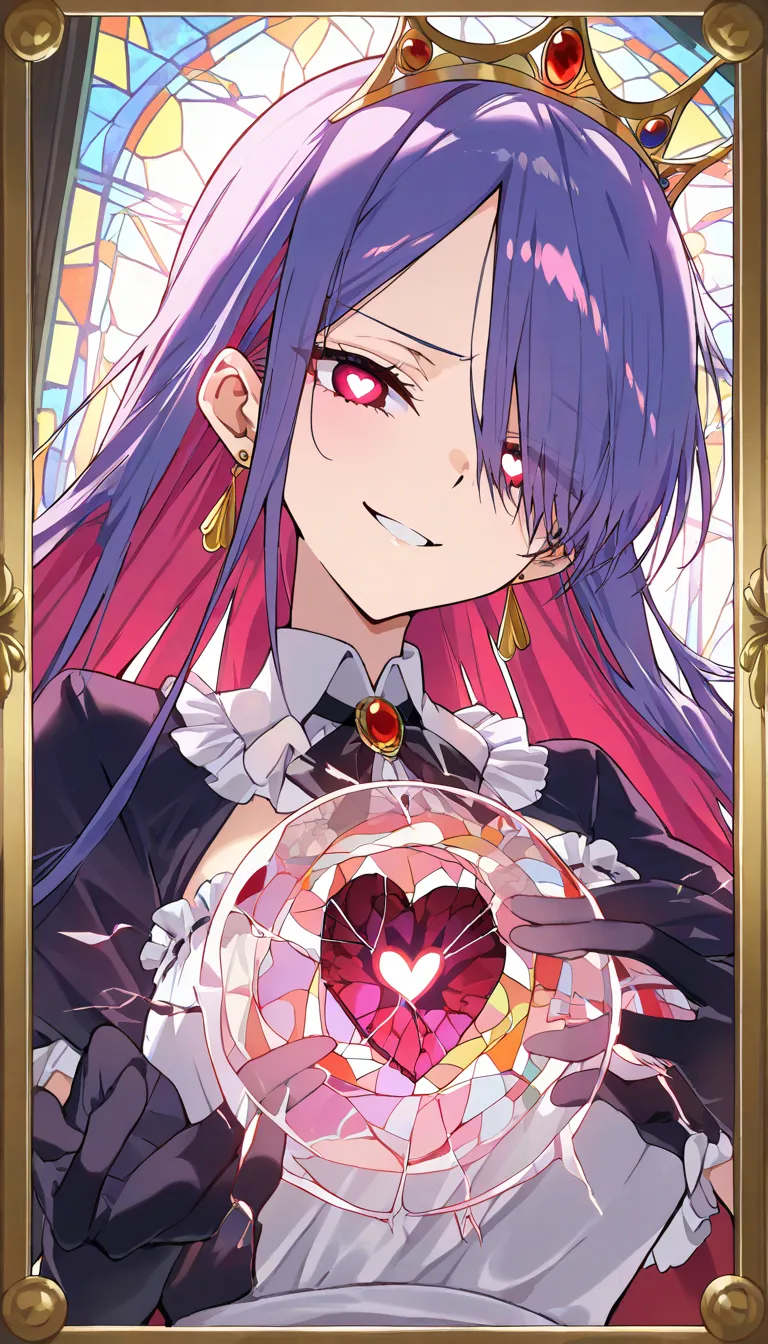 (beautiful girl : 1.3),1 girl,(Maid Outfit,earrings,Tiara,cape,gloves),Colorful Hair,long hair,Hair Over One Eye,Smile Yan,reckless attitude,evil expression,provocative attitude,Keen Eyes,Heart Eyes,profile upload,Broken Stained Glass,dynamic angle,( anime style 4k,Beautiful Animated Portraits,Anime Art),masterpiece,top quality,Rich Contrasts,High Definition,8k,High Definition CG Unit Wallpaper,Textures,is unbelievably absurd,RAW pictures,Deep Border 1 .2,very detailed