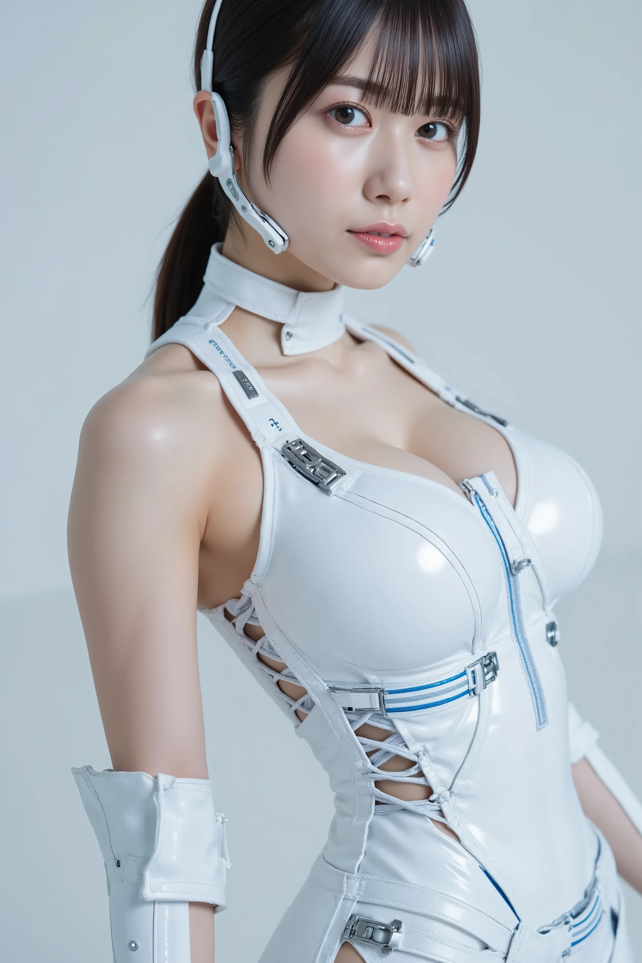 A young Asian woman wears a sleek, futuristic white bodysuit.
The material is shiny and metallic.
Cyberpunk-inspired mechanical details are visible, seamlessly blending technology and fashion.
Blue LED-like lines accentuate her curves.
Photorealism. The ov...