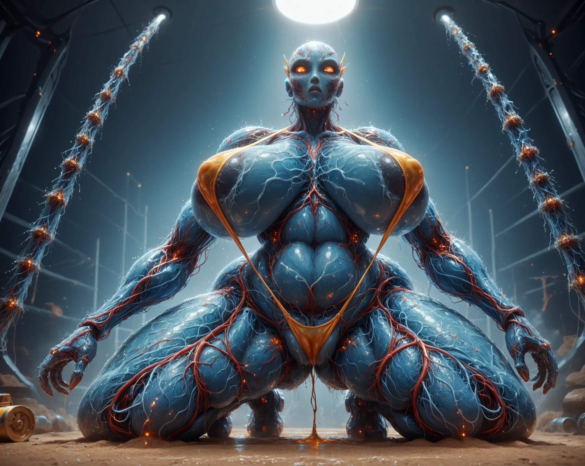 (((A gigantic giant machine))) working to here, female android, see through inside body, mixed color, multiple color, red and blue body, glitter body, shockwave for around on ground, sand smoke, naked frontal, leaking oil, Overflowing oil, scattering oil, ...