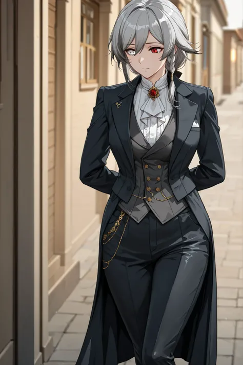 by [inoitoh|arknights|748cmstyle], anime style, backlighting, warm lighting, scenery, 1girl, solo, (FuHua, Fol005, Fh_Hos:0.96), (medium shot of a mature woman walking down the street:1.2), victorianstyle,  heterochromia, red eye, white eye, gray hair, med...