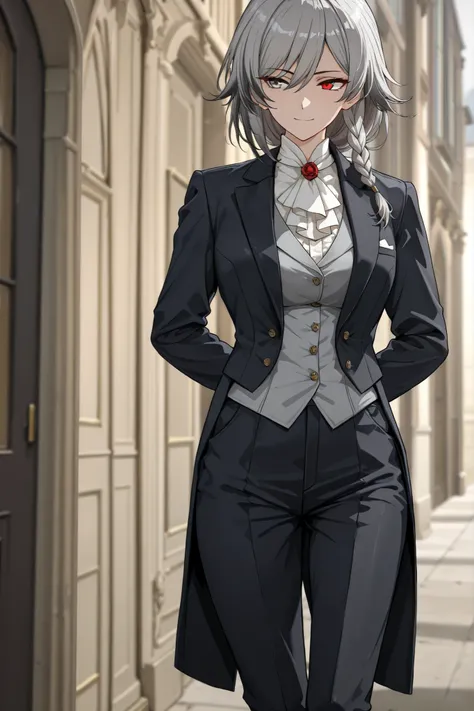 by [inoitoh|arknights|748cmstyle], anime style, backlighting, warm lighting, scenery, 1girl, solo, (FuHua, Fol005, Fh_Hos:0.96), (medium shot of a mature woman walking down the street:1.2), victorianstyle,  heterochromia, red eye, tsurime, serious expressi...
