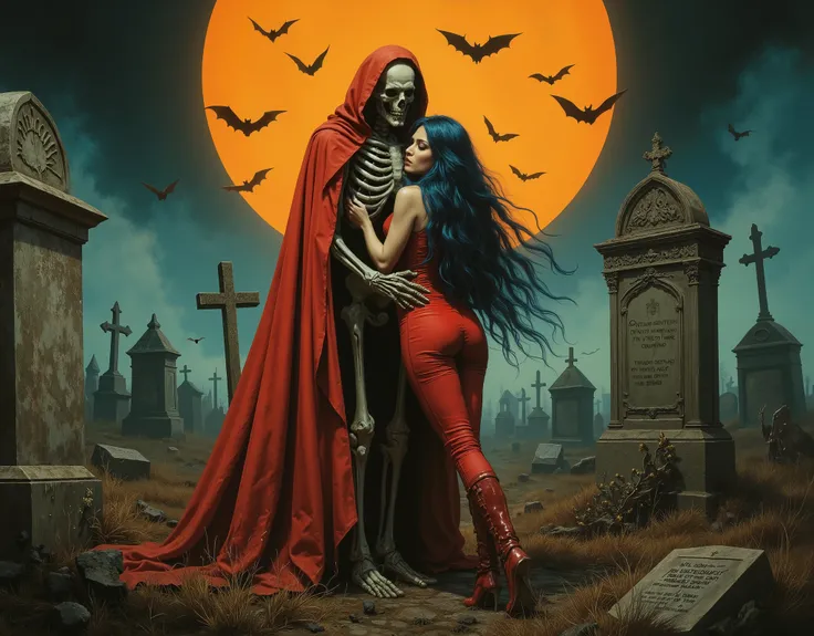 Create a classic European-style comic book cover featuring a dramatic graveyard scene. Depict a skeletal figure in a flowing red cloak embracing a woman with long, flowing blue-black hair, wearing a tight red outfit. Include a glowing orange sunset, bats f...