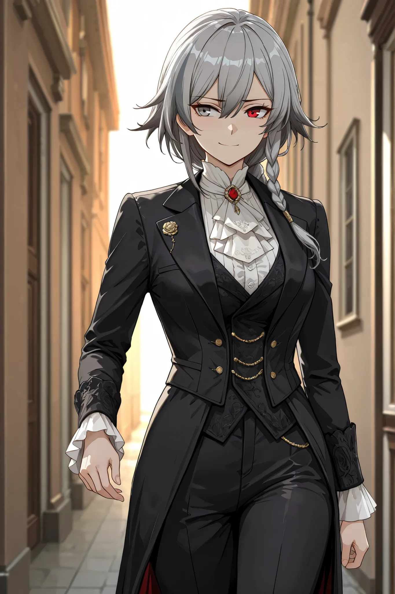 by [inoitoh|arknights|748cmstyle], anime style, backlighting, warm lighting, scenery, 1girl, solo, (FuHua, Fol005, Fh_Hos:0.96), (medium shot of a mature woman walking down the street:1.2), victorianstyle,  heterochromia, red eye, tsurime, serious expressi...