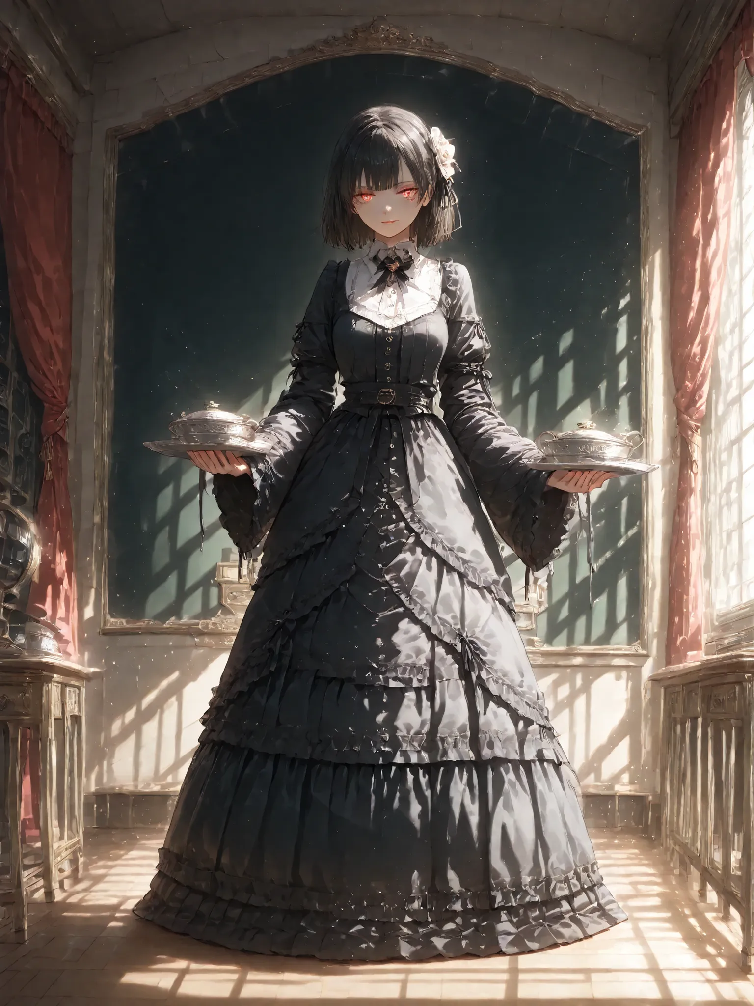 , a mysterious maid with disheveled black hair and glowing orange eyes, одетая в traditional черно-белый наряд горничной с оборчатыми краями, stands in a dark room with heavy curtains, holding a shimmering silver tray,high quality image,photorealistic,det...