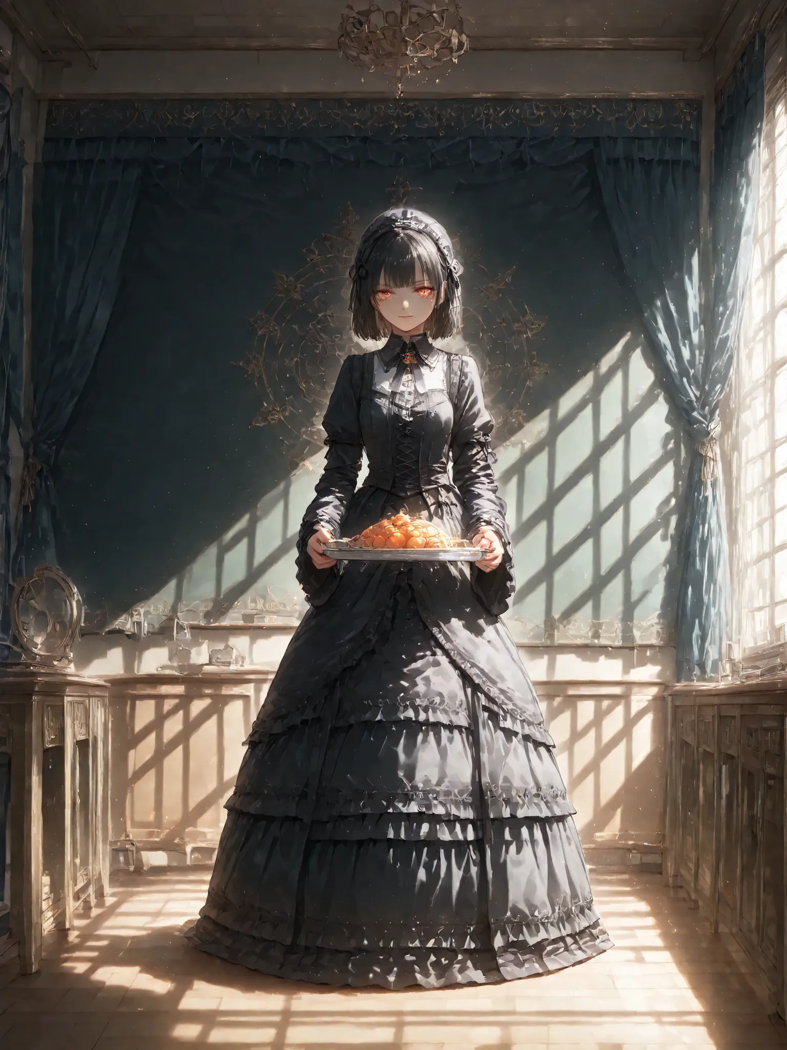 A mysterious maid with disheveled black hair and glowing orange eyes, одетая в traditional черно-белый наряд горничной с оборчатыми краями, stands in a dark room with heavy curtains, holding a shimmering silver tray,high quality image,photorealistic,detai...