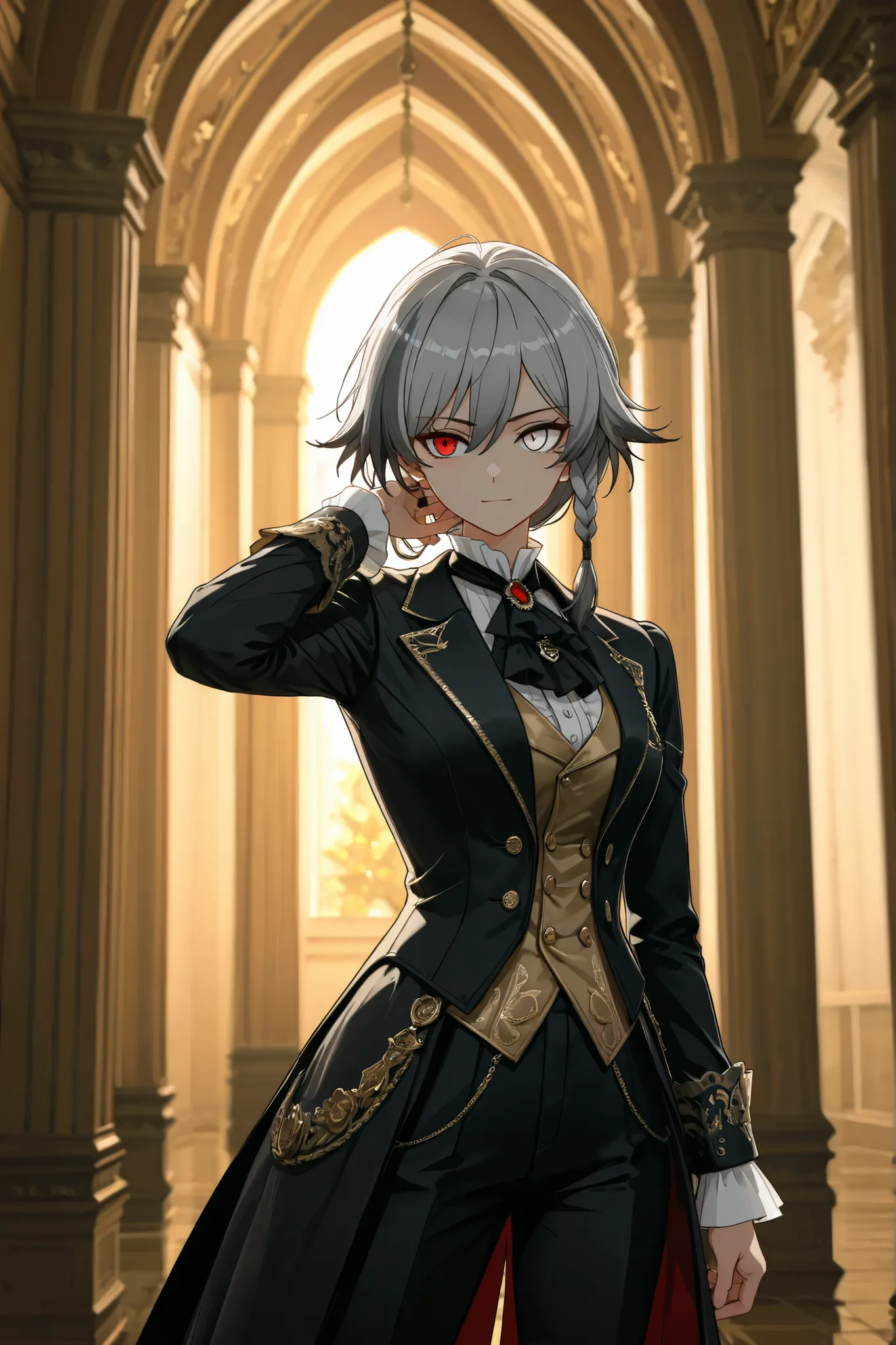 by [inoitoh|arknights|748cmstyle], anime style,(immersive lighting, backlighting, warm lighting:1.3), scenery, 1girl, solo, (FuHua, Fol005, Fh_Hos:0.96), (medium shot of a woman inside the palace gardens:1.2), industrial, victorianstyle,  heterochromia, re...