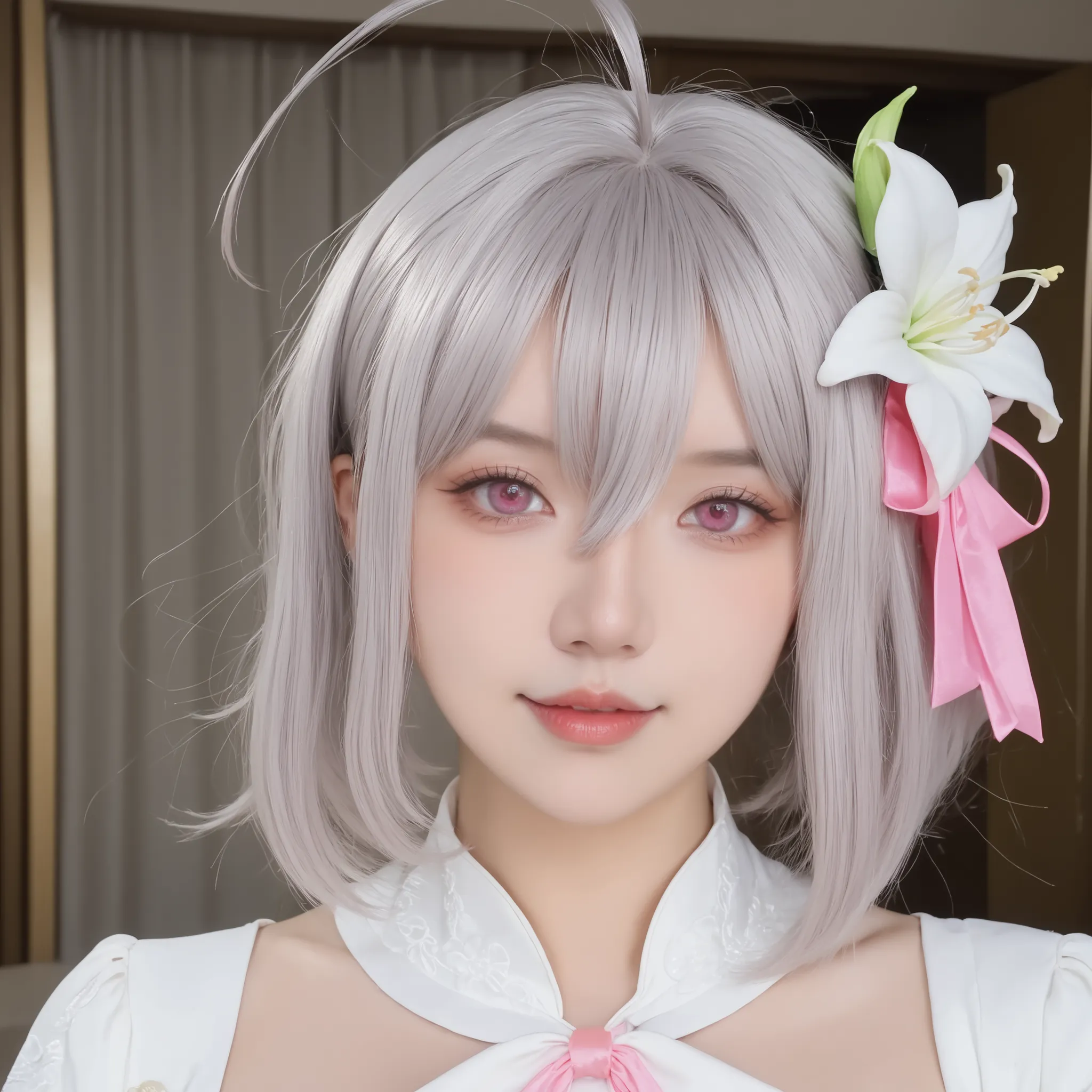 lily, pink eyes, bangs, hair ornament, bow, ribbon, hair between eyes, hair ribbon, flower, ahoge, grey hair, hair flower, medium hair, white flower, mature female, breasts, anime screencap, pele real,textura da pele, corpo inteiro, ela está sorrindo de fo...