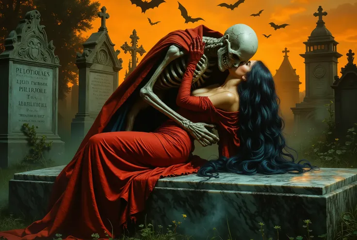 Create a classic European-style comic book cover featuring a dramatic graveyard scene. Depict a skeletal figure in a flowing red cloak embracing a woman with long, flowing blue-black hair, wearing a tight red outfit. Include a glowing orange sunset, bats f...