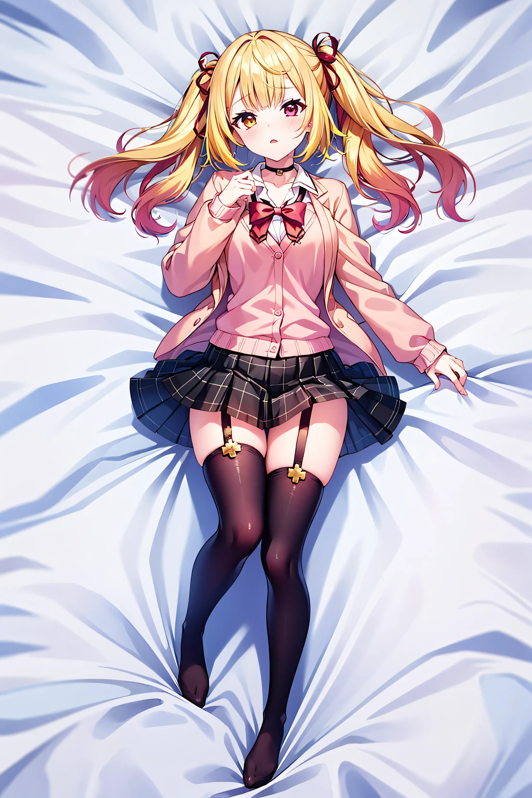 1 person, Red Eyes, Yellow Eyes, Blonde, twin tails, medium hair in the center of the hot springs, hair bow, pink cardigan, blazer after face, black thigh high socks, plaid skirt , black choker, garter belt, school uniform, white sheets, Lie on your back,...