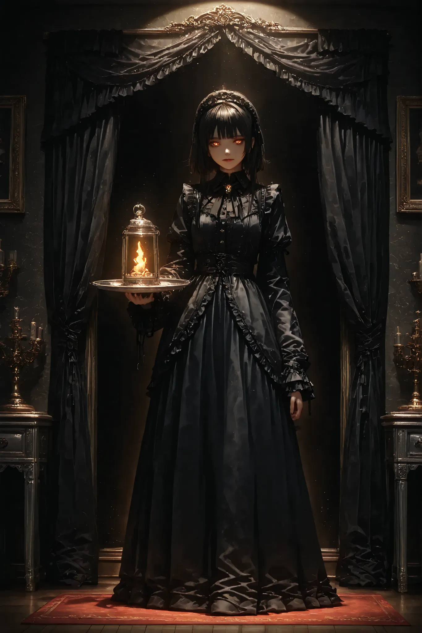 A mysterious maid with disheveled black hair and glowing orange eyes, одетая в traditional черно-белый наряд горничной с оборчатыми краями, stands in a dark room with heavy curtains, holding a shimmering silver tray,high quality image,photorealistic,detai...