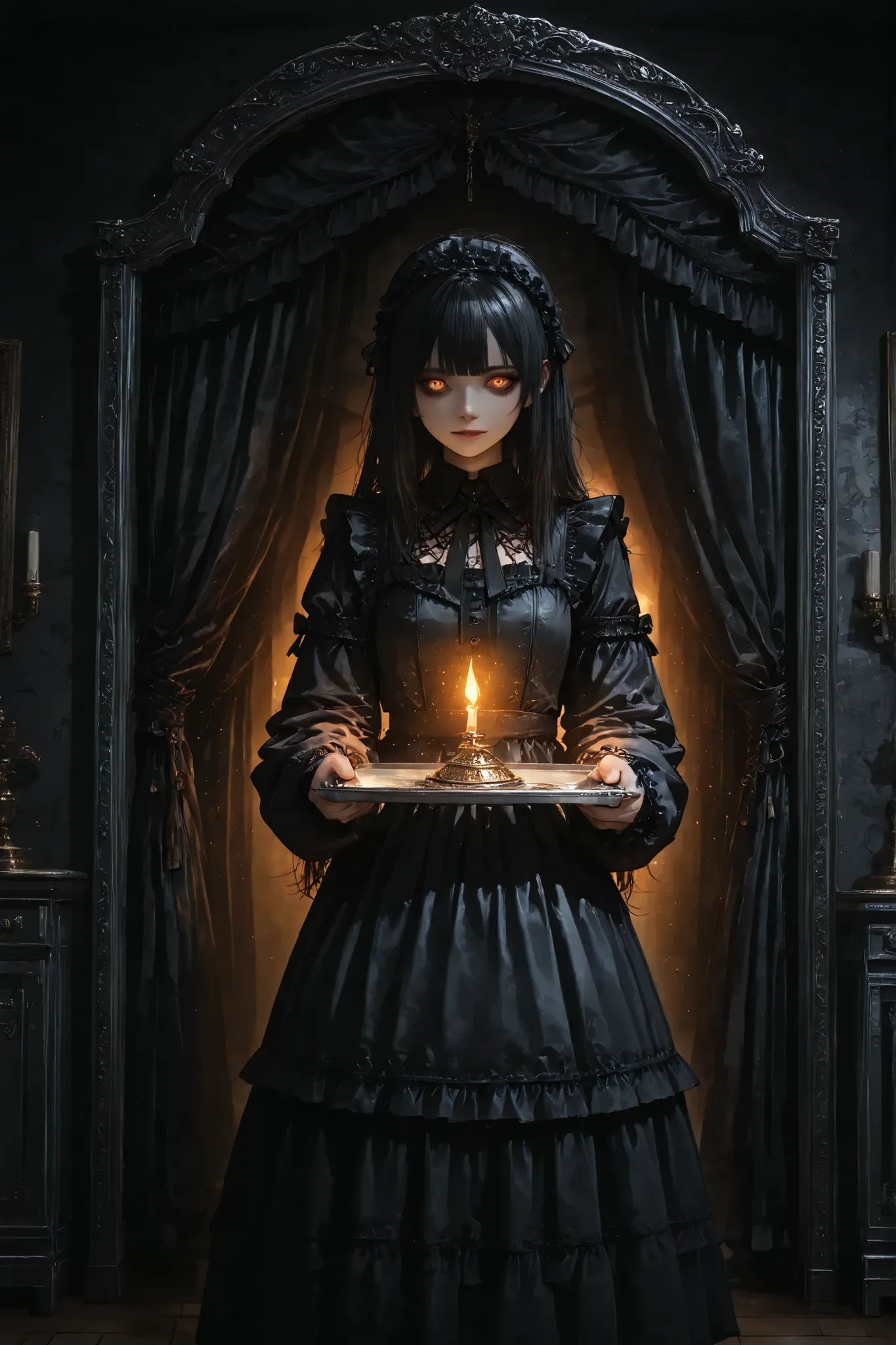 , a mysterious maid with disheveled black hair and glowing orange eyes, одетая в traditional черно-белый наряд горничной с оборчатыми краями, stands in a dark room with heavy curtains, holding a shimmering silver tray,high quality image,photorealistic,det...