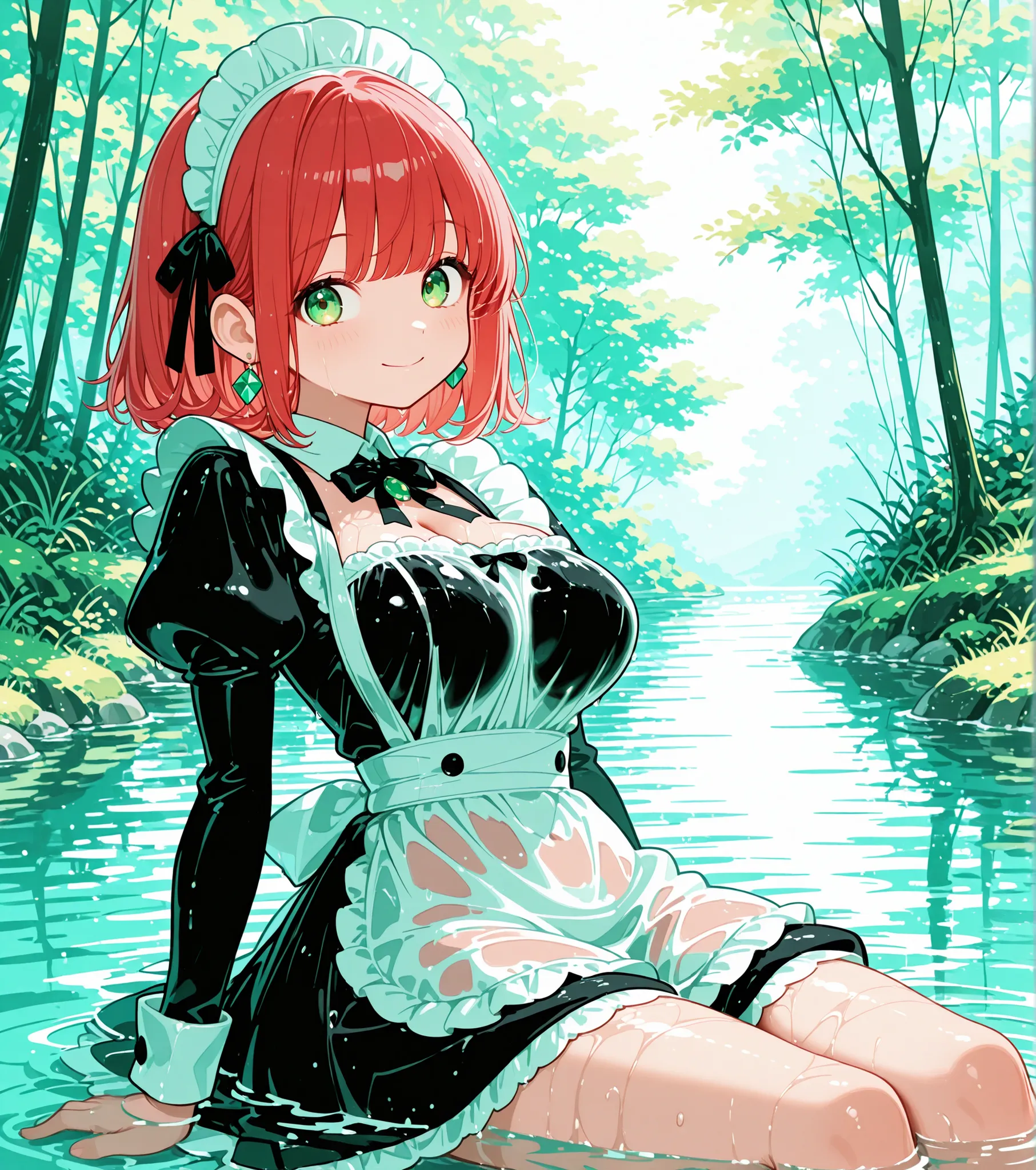 1girl, solo, maid_headdress, maid, smile, apron, breasts, looking_at_viewer, wet_clothes, wet, short_hair, long_sleeves, green_eyes, water, maid_apron, puffy_sleeves, large_breasts, dress, waist_apron, red_hair, white_apron, closed_mouth, black_ribbon, rib...