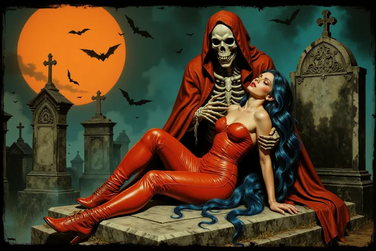 Create a classic European-style comic book cover featuring a dramatic graveyard scene. Depict a skeletal figure in a flowing red cloak embracing a woman with long, flowing blue-black hair, wearing a tight red outfit. Include a glowing orange sunset, bats f...