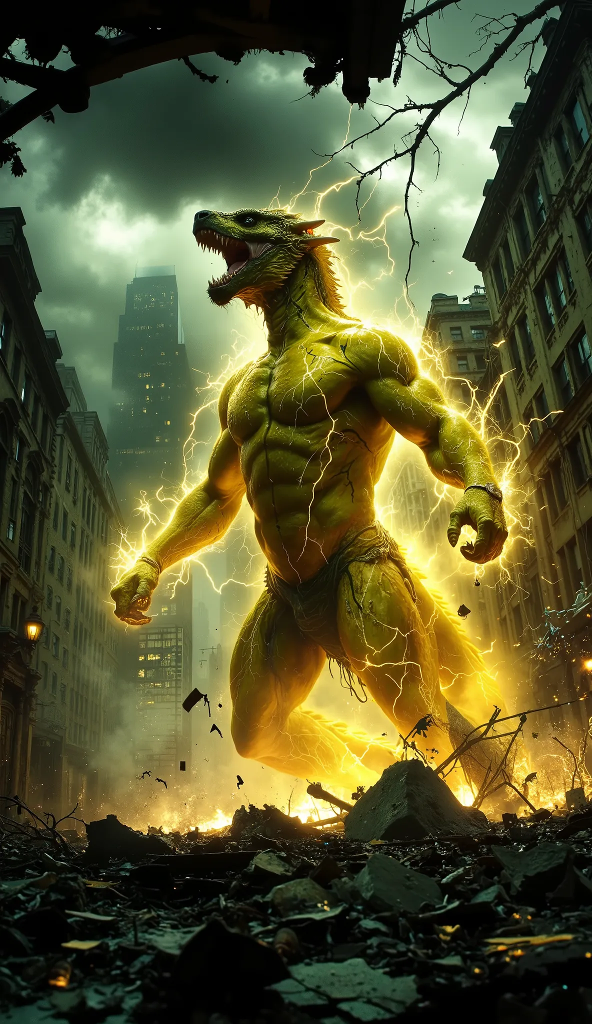 post-apocalyptic wasteland with shattered buildings and scorched earth, a colossal yellow lightning dragon fiercely trapped inside a cracked and jagged glass cage, sparks and arcs of electricity crackling wildly around its muscular body, the dragon mid-roa...