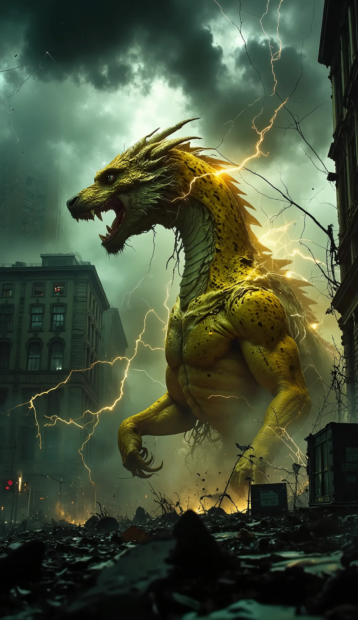 post-apocalyptic wasteland with shattered buildings and scorched earth, a colossal yellow lightning dragon fiercely trapped inside a cracked and jagged glass cage, sparks and arcs of electricity crackling wildly around its muscular body, the dragon mid-roa...