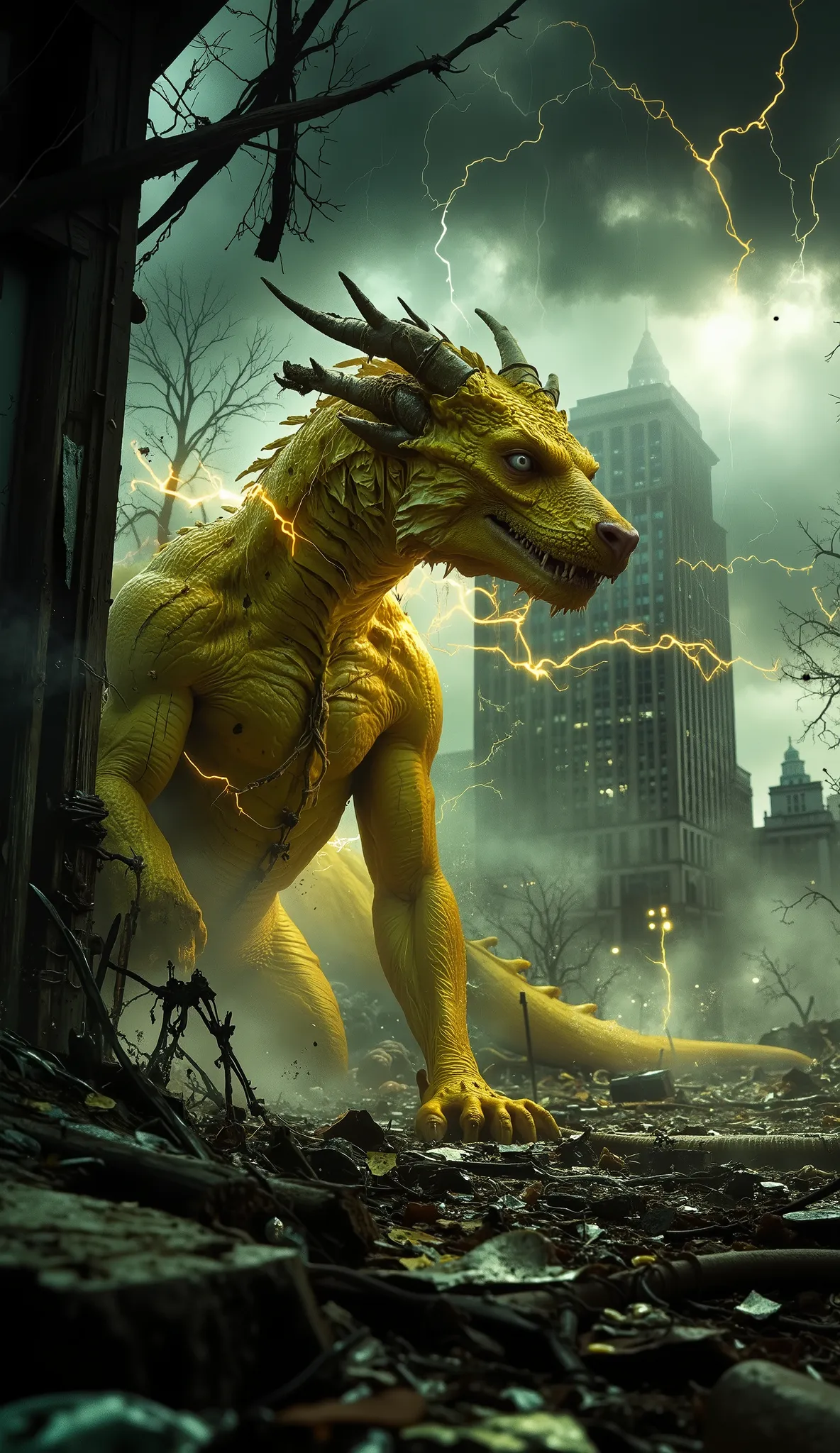 post-apocalyptic wasteland with shattered buildings and scorched earth, a colossal yellow lightning dragon fiercely trapped inside a cracked and jagged glass cage, sparks and arcs of electricity crackling wildly around its muscular body, the dragon mid-roa...
