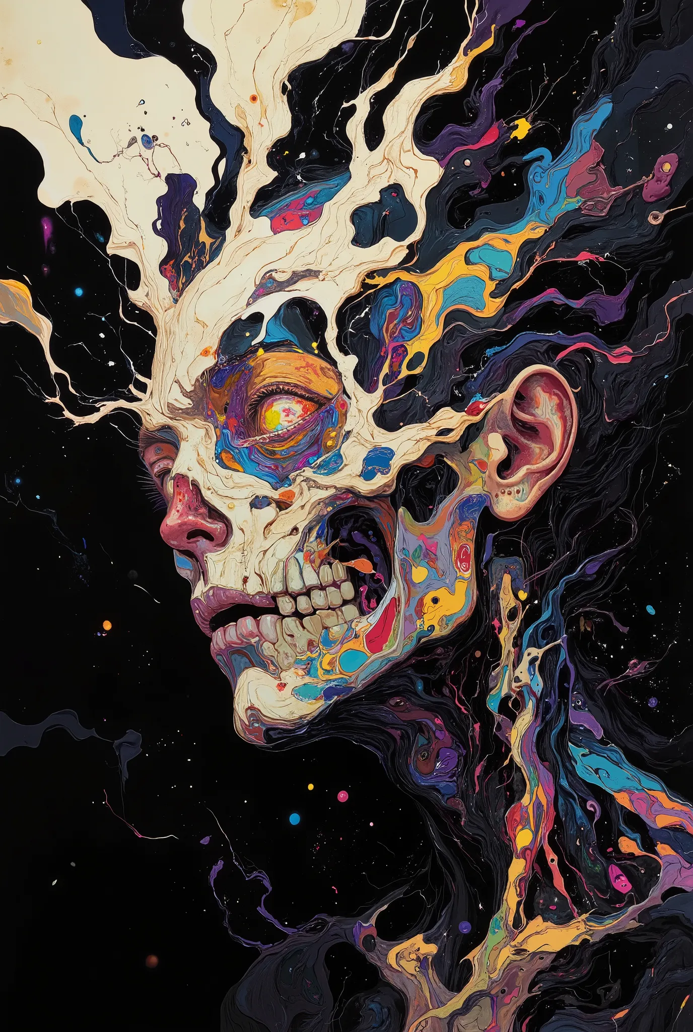 Surrealism, Hyper high resolution, (masterpiece), (Super detailed), UHD, 32k.
Illustration of a skull head in black and grey, with one single colorful eye ( surreal psychedelic eye ), ethereal aura.
The illustration captures the idea that : there is beauty...