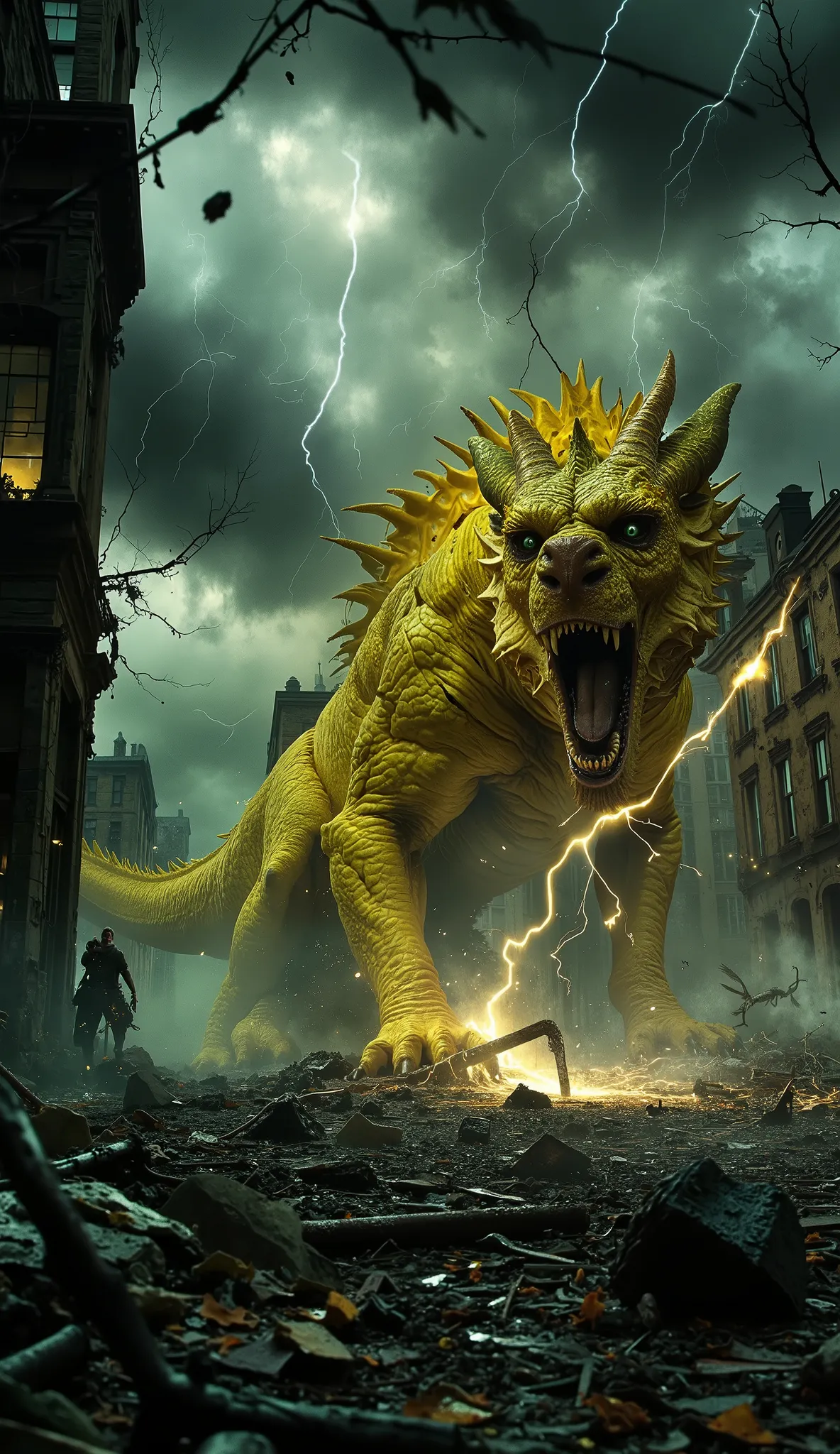 post-apocalyptic wasteland with shattered buildings and scorched earth, a colossal yellow lightning dragon fiercely trapped inside a cracked and jagged glass cage, sparks and arcs of electricity crackling wildly around its muscular body, the dragon mid-roa...