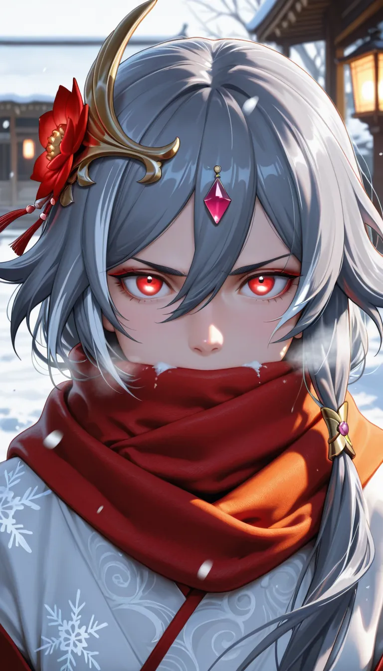 fu_hua_(herrscher_of_sentience), fu_hua, BREAK close-up portrait of a fierce anime girl with intense red eyes, looking directly at the viewer. She has flowing, messy grey hair slightly blown by the wind with snowflakes caught in the strands. Her expression...