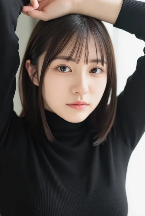 High Quality, 4K, 8K, Realistic, photorealistic, HDR, UHD, studio lighting, Extreme Detailed Expression, PROFESSIONAL, 鮮やかなcolor, Bokeh, Main Subjects : (((face close-up))), (((肩まで届くbrownのストレートショートボブ))), (((Indoorのblackい壁の背景.))), (((カジュアルなblackのwinter用長袖衣装...