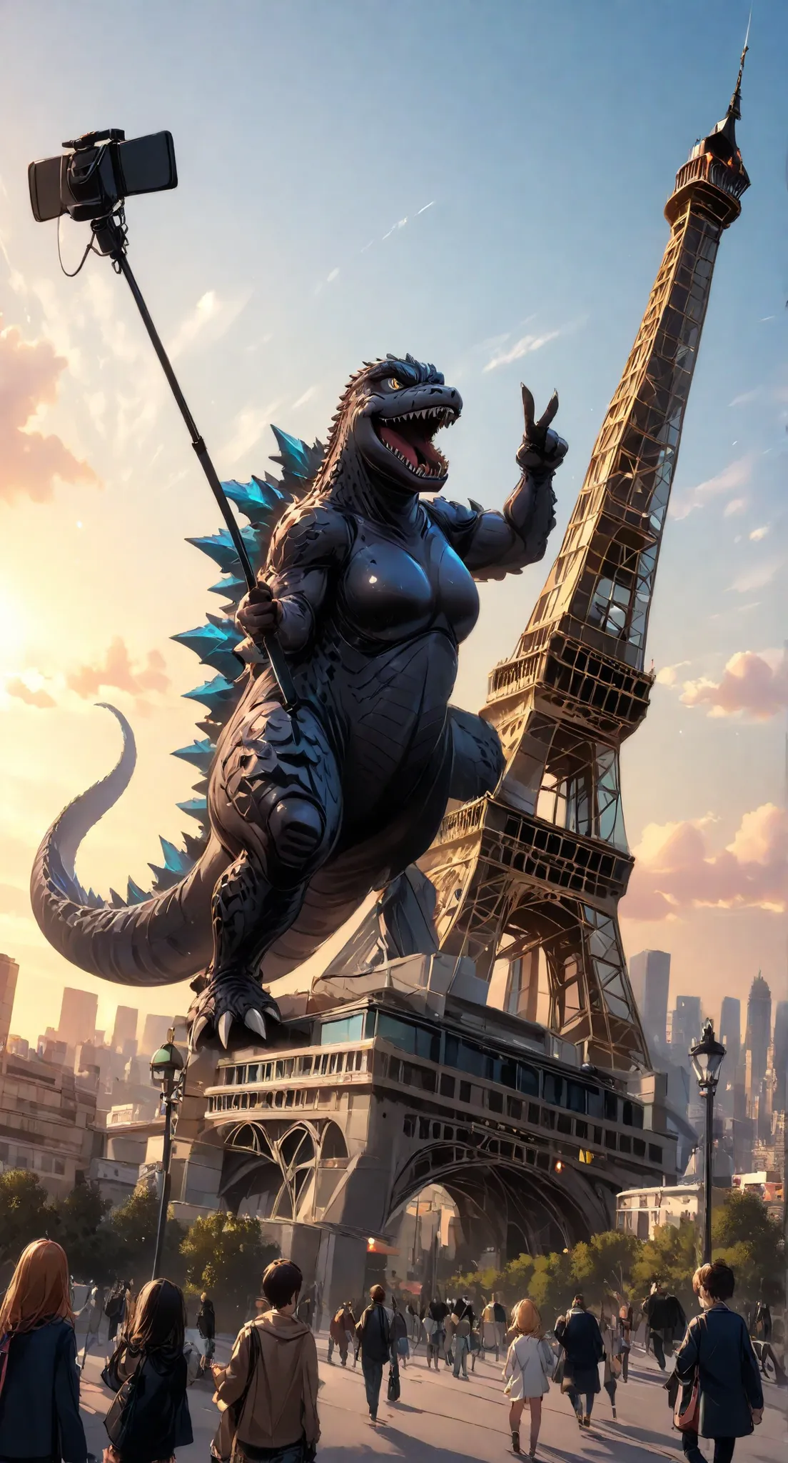 Highly detailed, semi-realistic cartoon style, 4K. Godzilla stands triumphantly atop a flattened Paris skyline, crouched beside the Eiffel Tower, which now leans against his side. Holding an enormous custom selfie stick, Godzilla smiles with sharp teeth an...