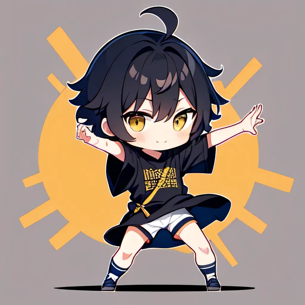   chibi,  My hair,   shirtを着ている ,   Full Body,  No expression ,   simple background,  dancing
1 boy   , Alone,  Yellow Eyes,  happy,黒My hair, short My hair, 前My hair, My hair_  ,   is bulging at grad  _  sleeve,   shirt, short_  sleeve,Belligerent