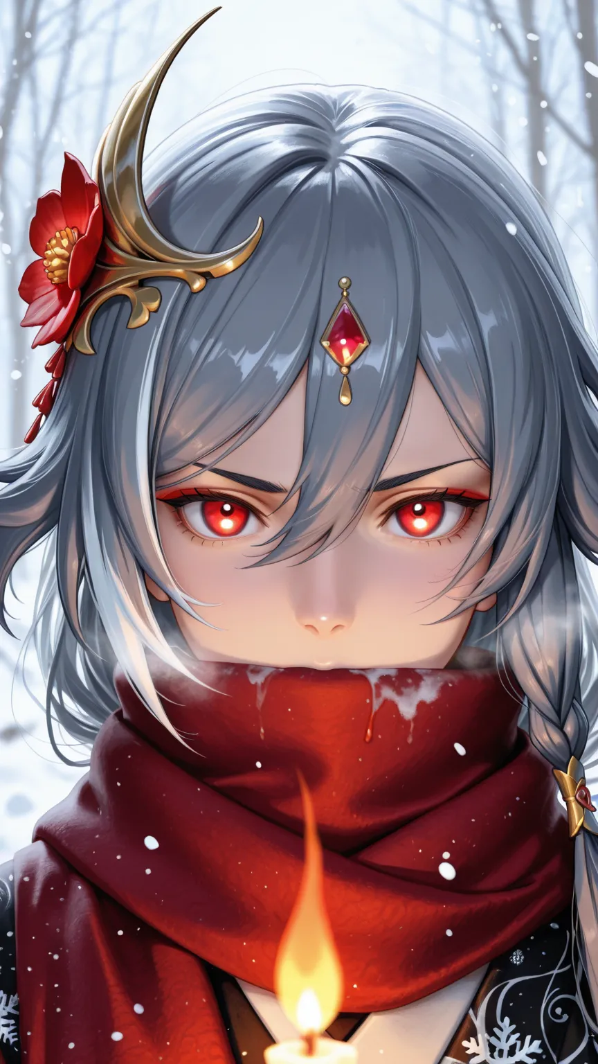 fu_hua_(herrscher_of_sentience), fu_hua, BREAK close-up portrait of a fierce anime girl with intense red eyes, looking directly at the viewer. She has flowing, messy grey hair slightly blown by the wind with snowflakes caught in the strands. Her expression...