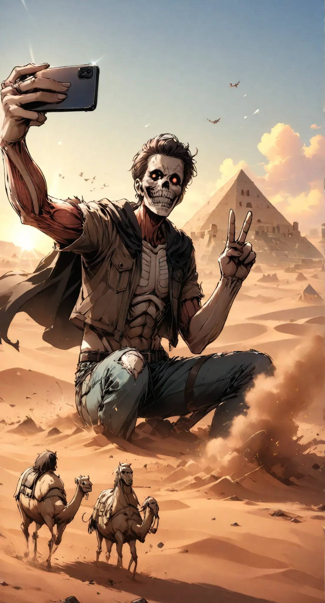 Anime-style artwork, detailed and dramatic with a humorous twist, 4K. Titan-form Eren stands half-submerged in the desert sands, grinning widely as he takes a selfie with the Pyramids of Giza in the background. His size dwarfs the monuments, and his massiv...