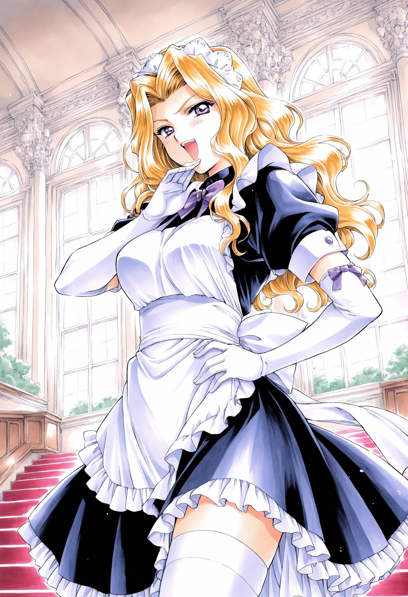 Score_9, score_8_up, score_7_up, source_anime, Shindou_Reiko(kakyuusei), 1girl, solo, blonde hair, long hair, purple eyes, large breasts, wavy hair, (best quality), (high quality), {masterpiece}, extremely delicate and beautiful, ultra-detailed, beautiful ...